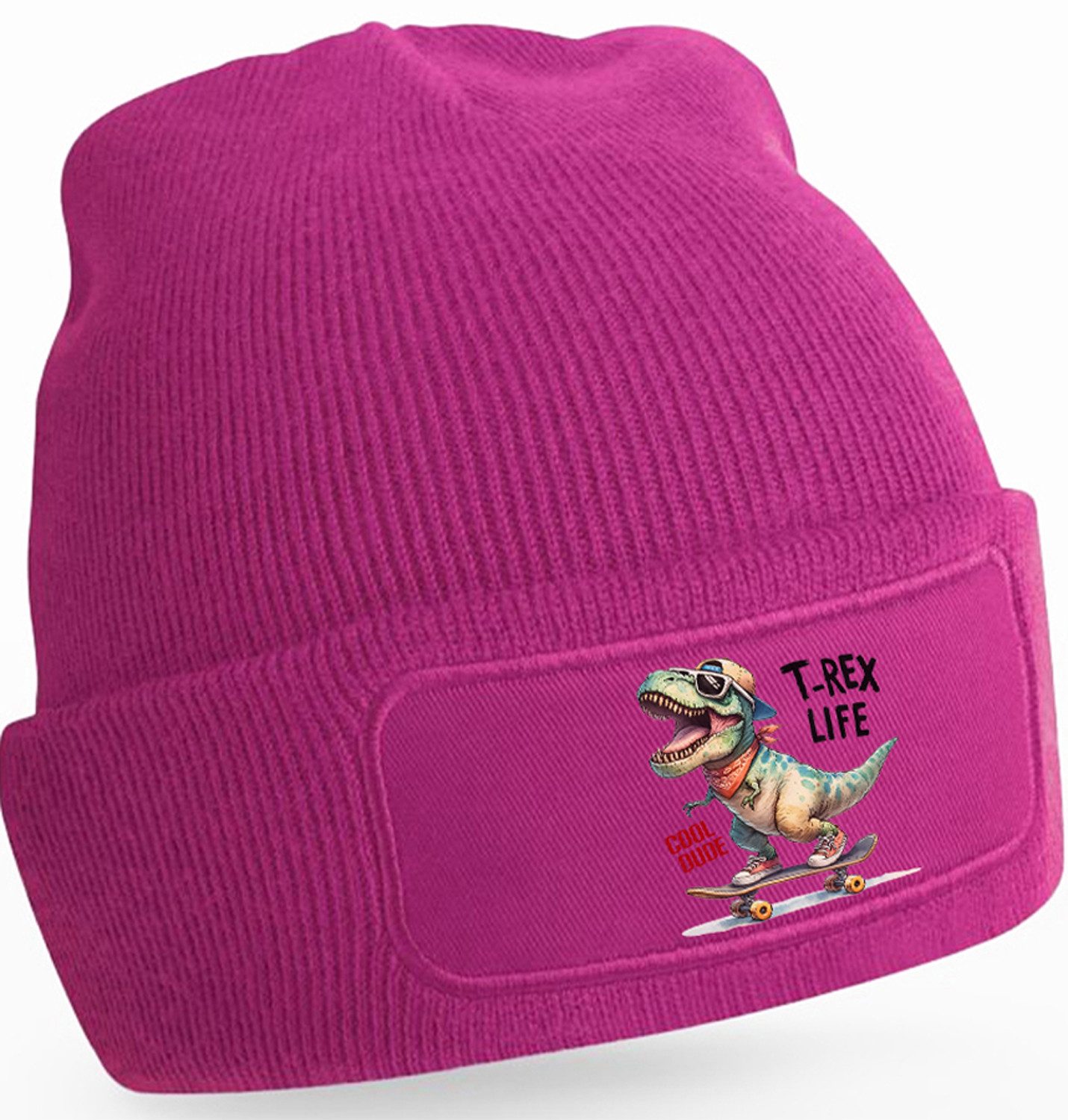 Strickmütze für kalte Tage - Beanie mit Umschlag und Dino Skater Print