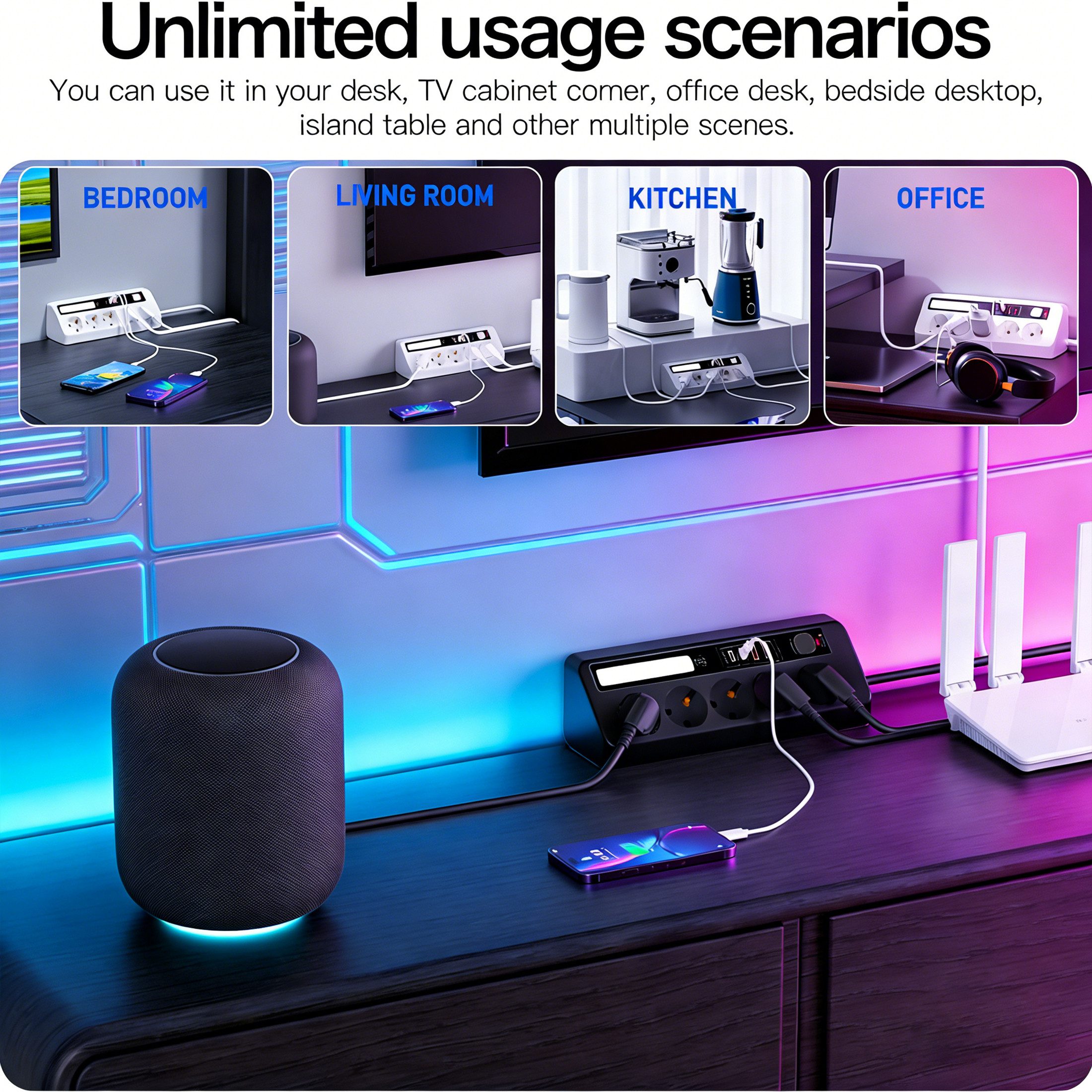 Luckice Tischsteckdosenleiste mit 5 Steckdosen,Eck-Steckdosenleiste Mehrfachsteckdose 9-fach (Ein-/Ausschalter, USB-Anschlüsse, 4 USB-Ports (PD 35 W & 20 W), LE – Bild 4 von 5