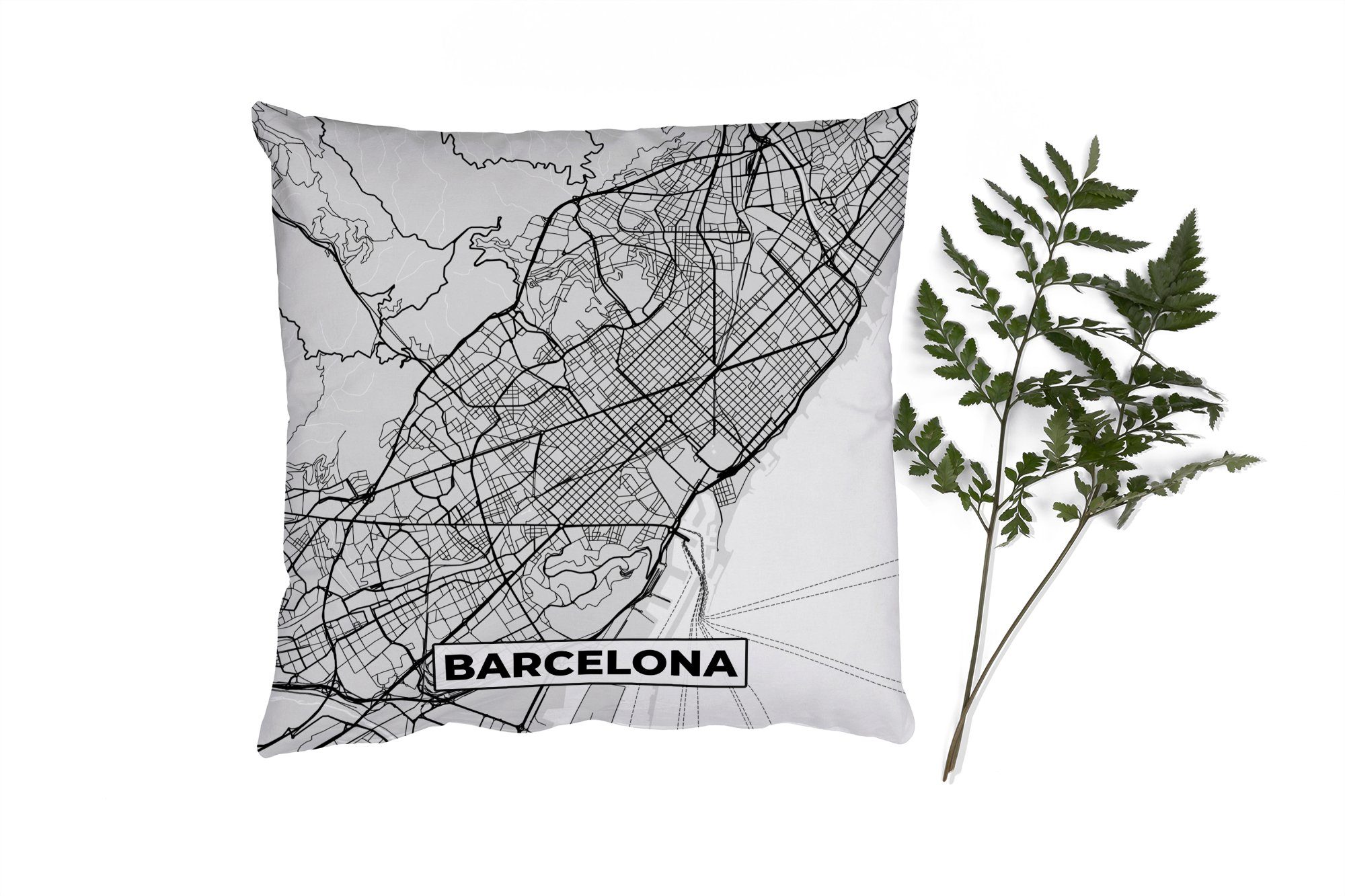MuchoWow Dekokissen Barcelona - Stadtplan - Karte - Schwarz und weiß, Zierkissen mit Füllung für Wohzimmer, Schlafzimmer, Deko, Sofakissen | Dekokissen