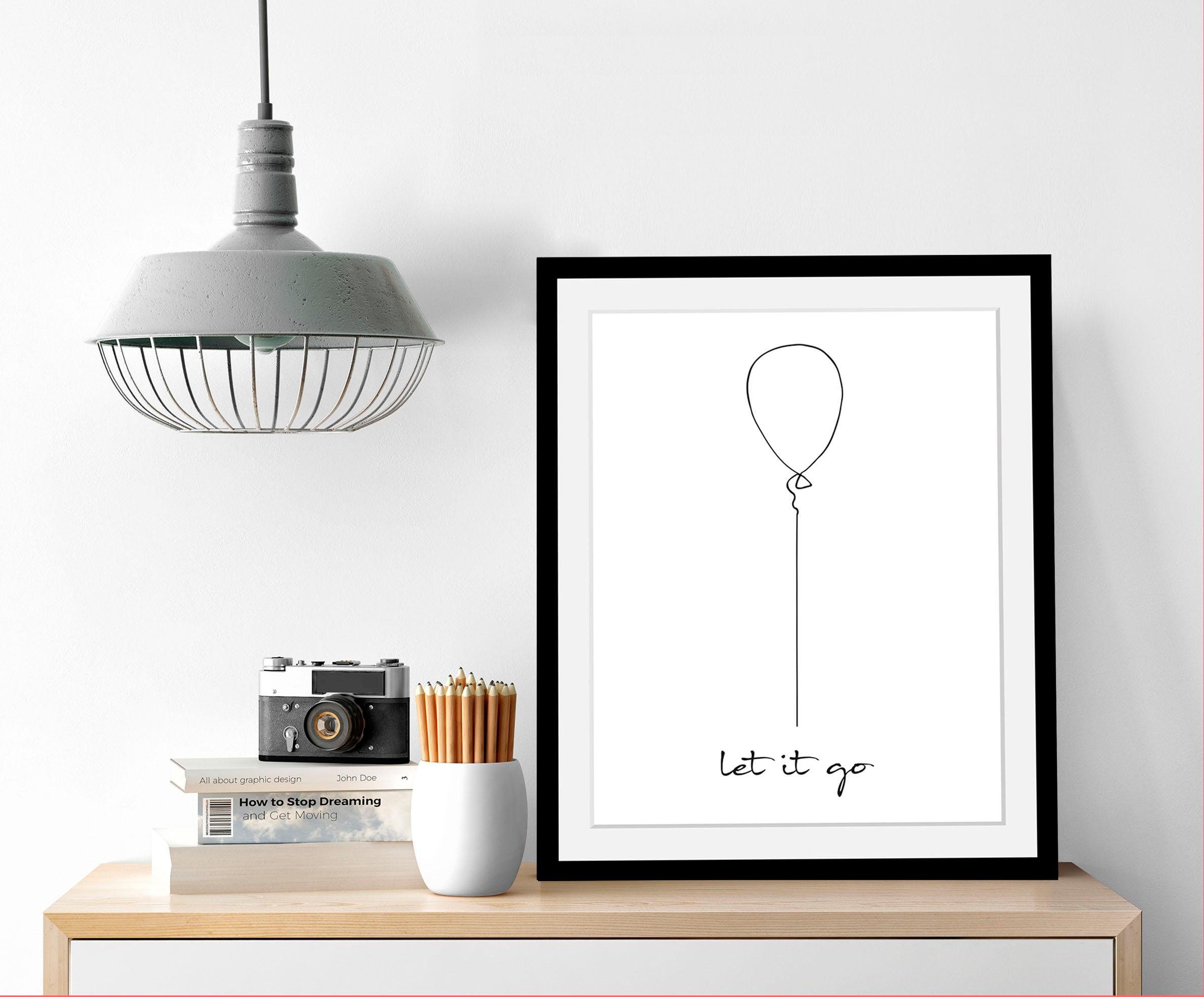 queence Bild Loslassen, Liebessprüche, Motivationsbilder, Schriftzug, Schwarz-Weiß, HD Premium Poster-Druck inkl. Holzrahmen