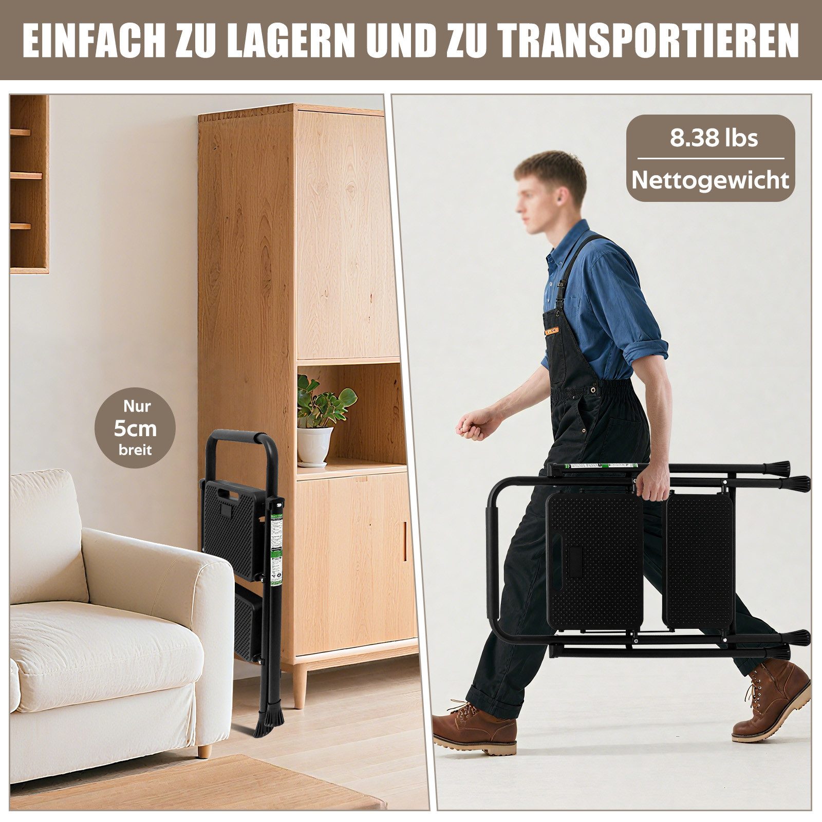 OZAVO Trittleiter Klappleiter 2/3 stufen mit Gummihandgriff und rutschfeste Trittflächen (bis 150 kg, Stehleiter, Doppelleiter, Sicherheitsleiter, Multifunktion – Bild 4 von 5