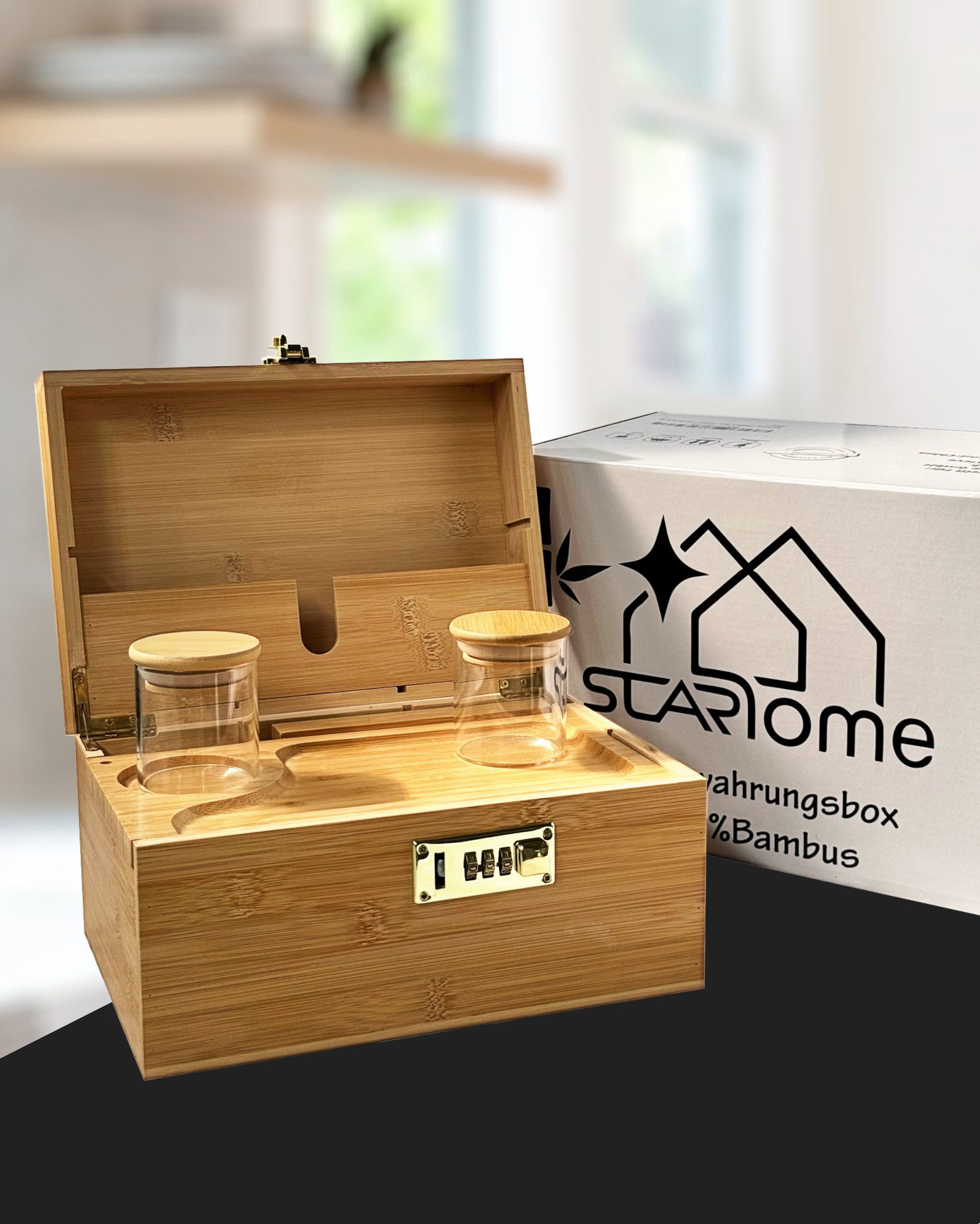 Starhome Schatzkiste - Aufbewahrungsbox aus Bambus mit Zahlenschloss I 25,5x18x14 cm, Herausnehmbare Trennfächer, extra große Box – Bild 5 von 5
