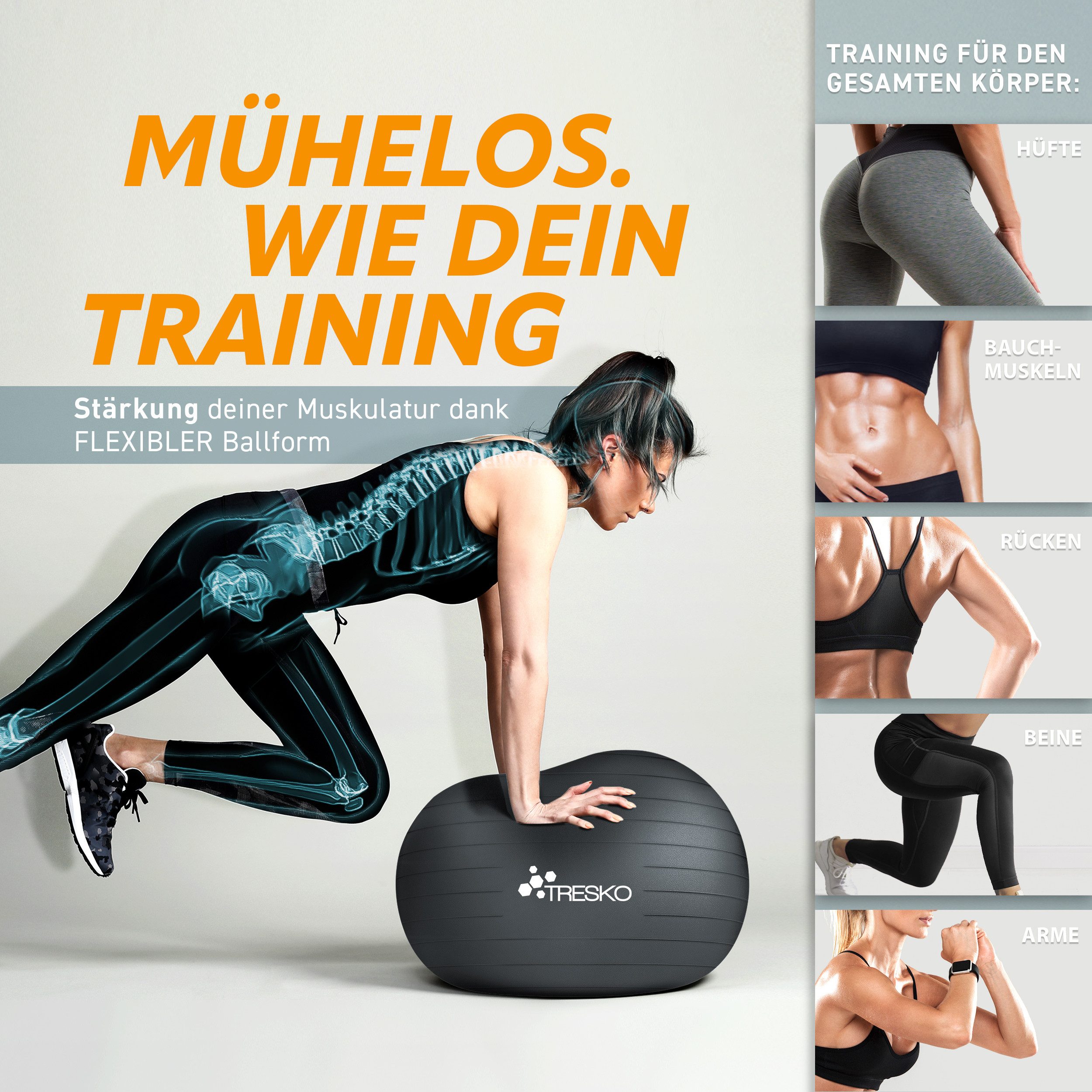 TRESKO Gymnastikball mit GRATIS Übungsposter inkl. Luftpumpe Yogaball, BPA-Frei Sitzball Büro Anti-Burst inkl. Luftpumpe, Fitnessball