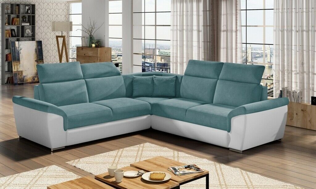 JVmoebel Ecksofa Ecksofa L-Form Wohnlandschaft Designer Sofa Couch Polster, Made in Europe Blau/Weiß