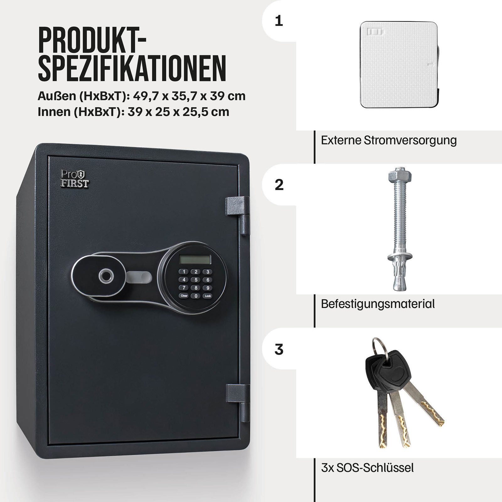 Profirst Feuerschutztresor FireGuard 40 Elektronikschloss mit Fingerprint (Notöffnung möglich, Kunststofflade, inkl. Befestigungsmaterial, 497x357x390 mm), 60 M – Bild 4 von 5