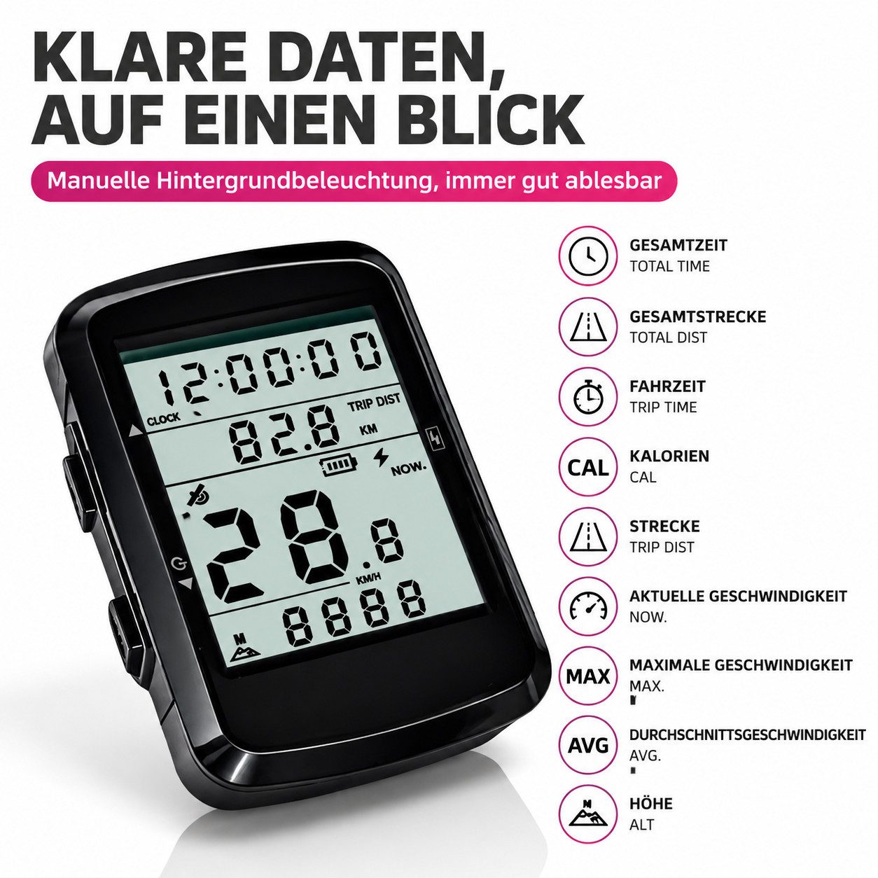 ibettertec Fahrradcomputer Kabelloser Fahrradtacho mit LCD-Display, 2,4 Zoll (USB-C Ladefunktion), Geschwindigkeitsmesser, Kilometerzähler, Hintergrundbeleuchtu – Bild 4 von 5