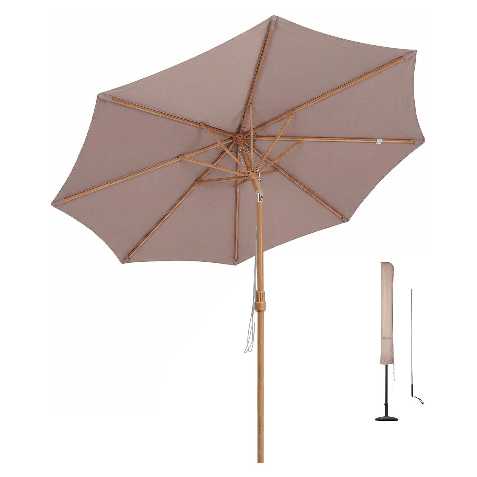Sekey Sonnenschirm 300 x 300 cm Sonnenschirm Holzoptik Gartenschirm Knickbar, UPF 50+, LxB: 300x300 cm, Doppeltes Seilzugsystem, Neigungsverstellung, für Garten