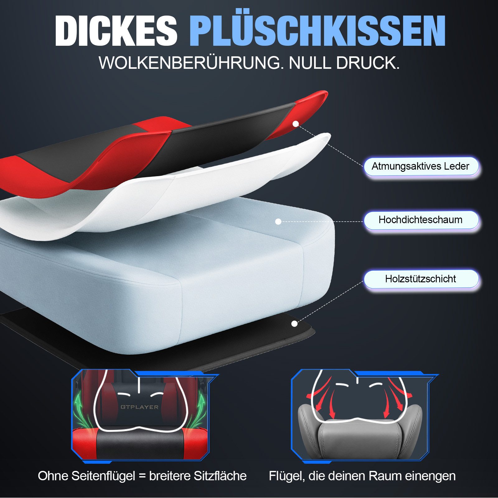 GTPLAYER Gaming-Stuhl Gaming Stuhl Chair Gamer Sessel - Ergonomischer Gamer Stuhl, mit Fußstütze Kopfstütze und Lordosenstütz 180kg – Bild 4 von 5