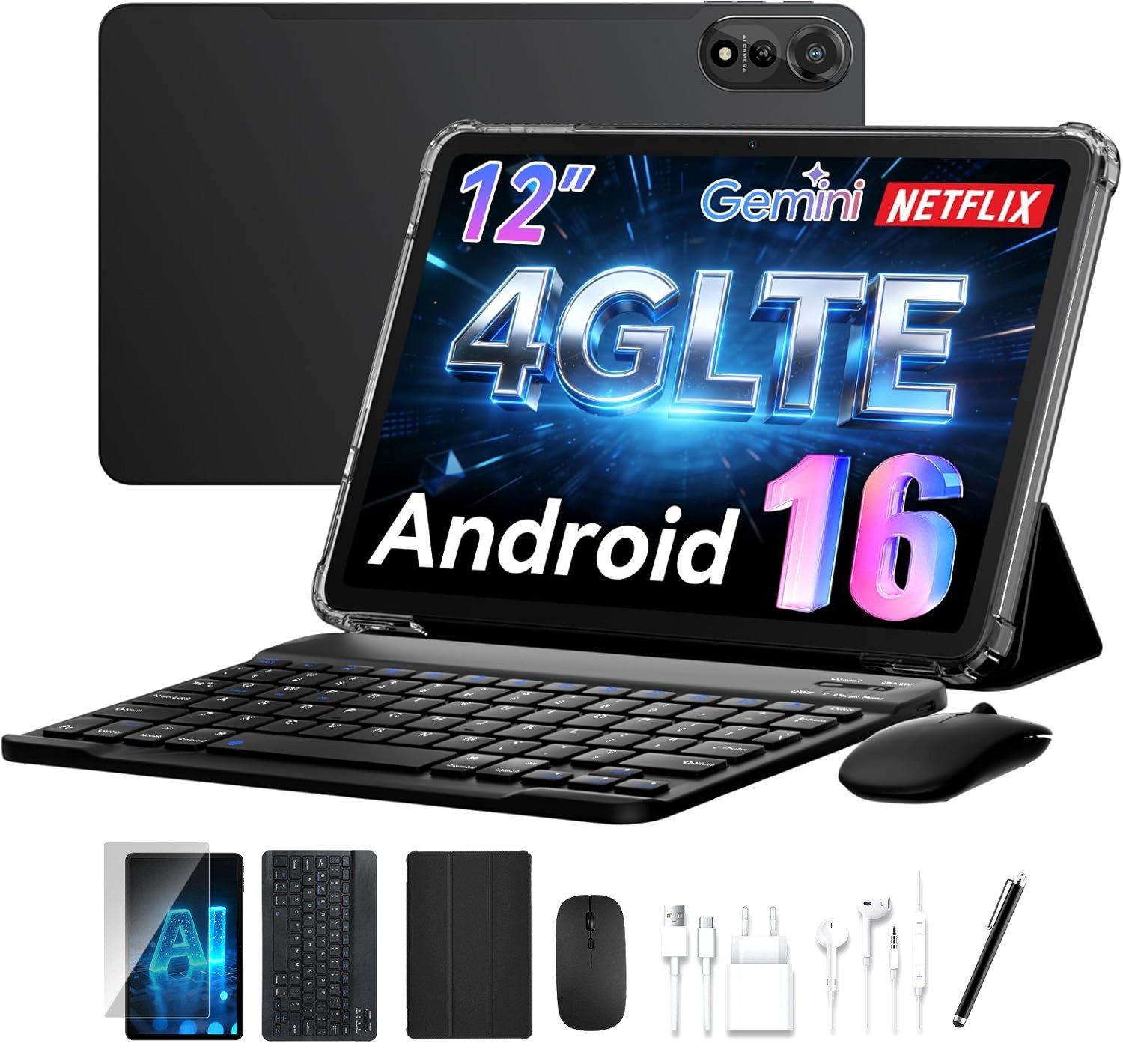 Nexall Blackview Nexall 12" Android 16 4G LTE 128GB 2K Display set Tablet (12", 128 GB, Android16, Android 16, 4G LTE, 2K Display, mit Zubehör/Kabel-Headset, 9000 mAh)