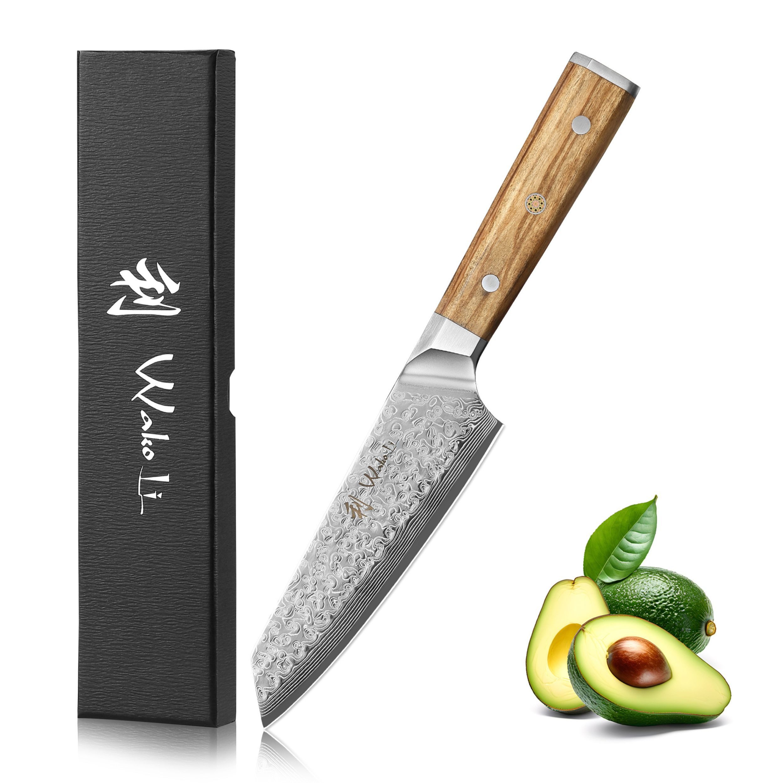 Wakoli Universalküchenmesser Oribu Damast Kiritsuke Kleines Chefmesser 15 cm Klinge Olivenholzgriff, aus 67 Lagen Damaststahl, VG-10