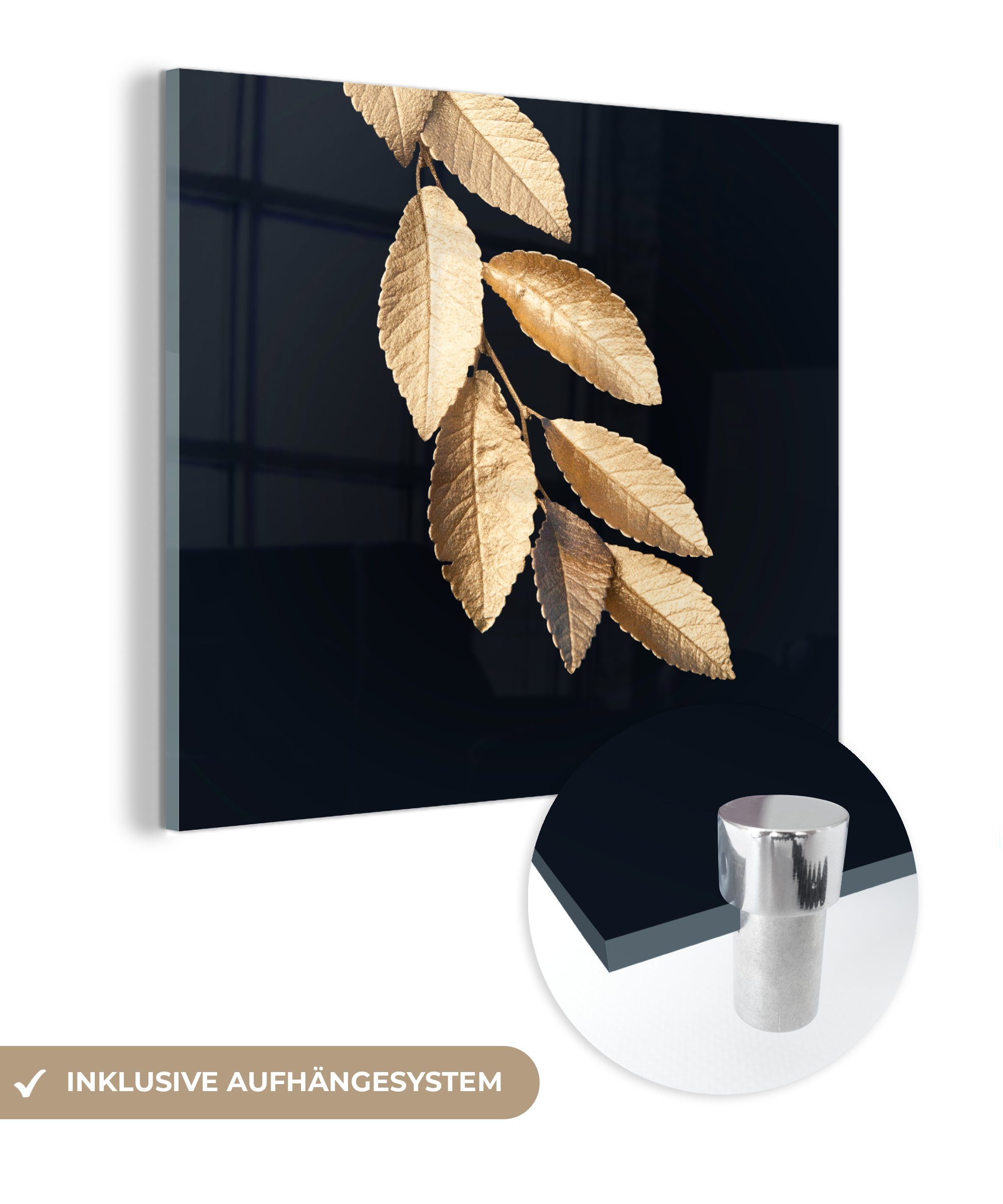 MuchoWow Acrylglasbild Blätter - Schwarz - Gold - Luxus - Pflanzen, (1 St), Glasbilder - Bilder auf Glas Wandbild - Foto auf Glas - Wanddekoration bunt