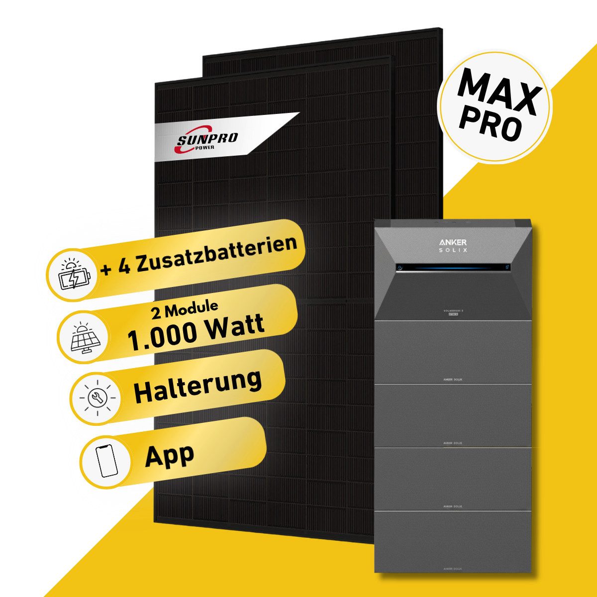 Balkonstrom Balkonkraftwerk MAX Pro 1000 Watt Solaranlage mit Speicher Komplettset Bifazial, 1000 W, Monokristallin, (2x Sunpro Solarmodul á 500 Watt, 1x Anker Solix 3 Pro Solarspeicher E2700, 1-4 Zusatzspeicher BP2700), Halterung für Dach, Fassade, Balkon & Garten, App & Plug&Play DE