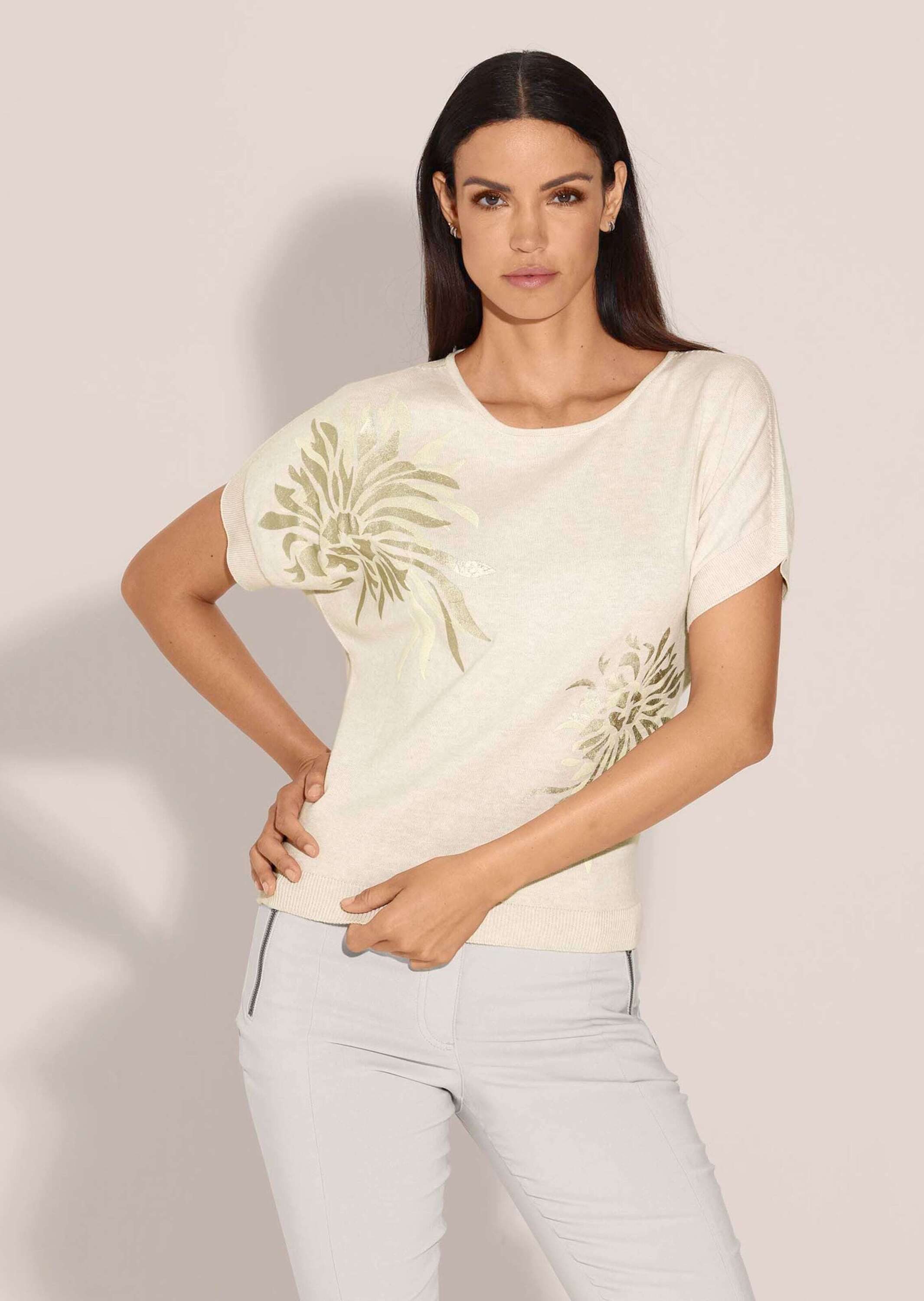 MADELEINE Strickpullover Kurzarm-Pullover mit glanzvollem Floral-Print