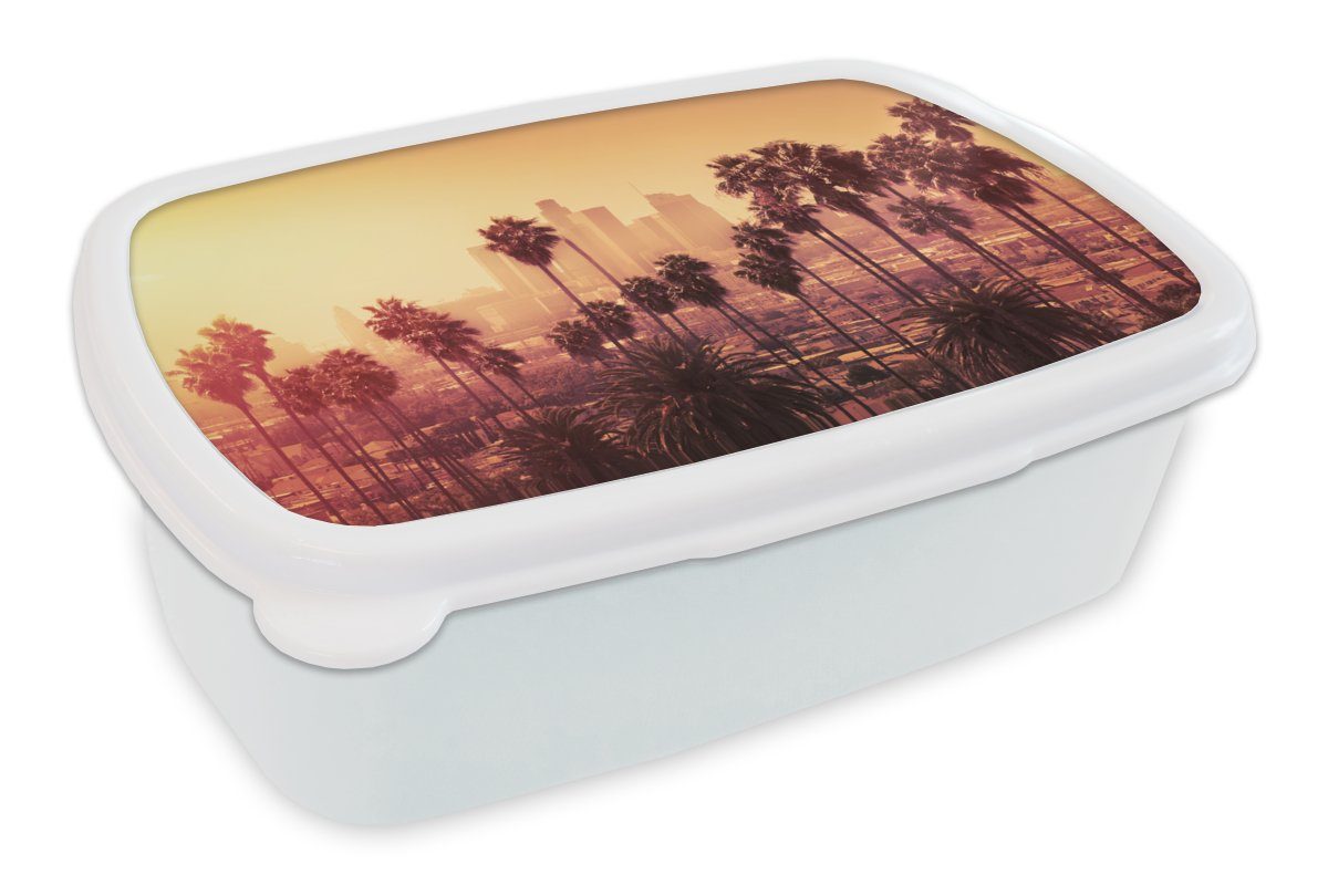 MuchoWow Lunchbox Palme - Skyline - Sonnenuntergang - Architektur, Kunststoff, (2-tlg), Brotbox für Kinder und Erwachsene, Brotdose, für Jungs und Mädchen weiß