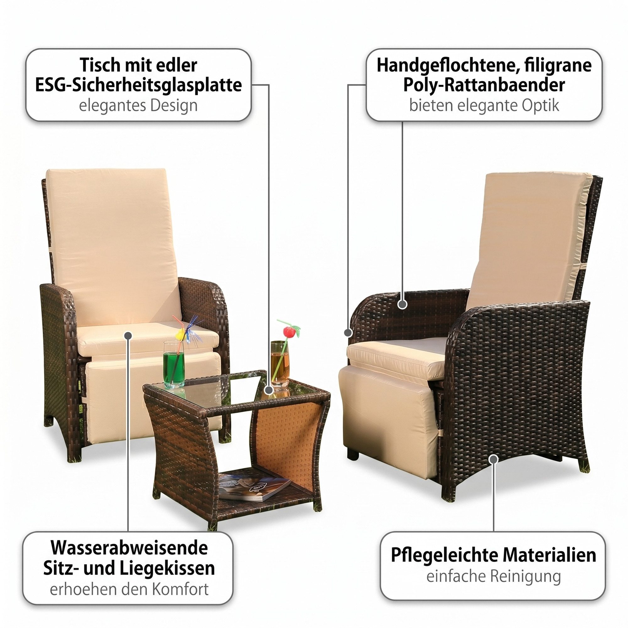 Mucola Balkonset Balkonmöbel-Set 3-teilig aus Polyrattan inkl. Auflagen für Balkon, (Balkonmöbel-Set, 3-tlg., 3-teiliges Balkonmöbel-Set für 2 Personen), platzs – Bild 5 von 5