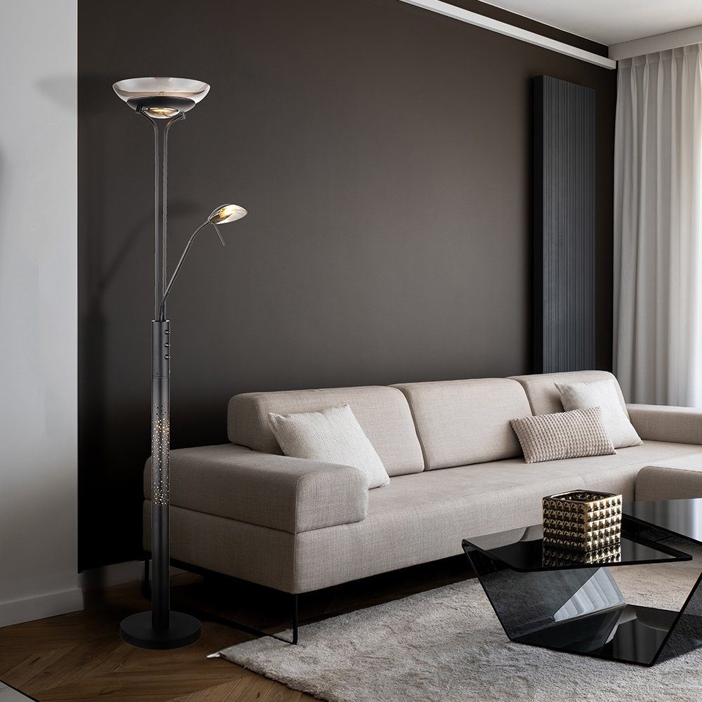 GLOBO LIGHTING LED Stehlampe, LED-Leuchtmittel fest verbaut, Warmweiß, LED Deckenfluter Stehlampe Lesespot schwenkbar Metall Glas rauchfarben