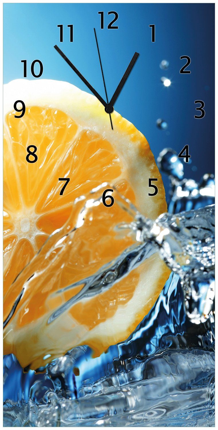 blauem (Uhr Wasser Orange in Wanduhr Acryl) Wallario spritzigem vor aus Hintergrund