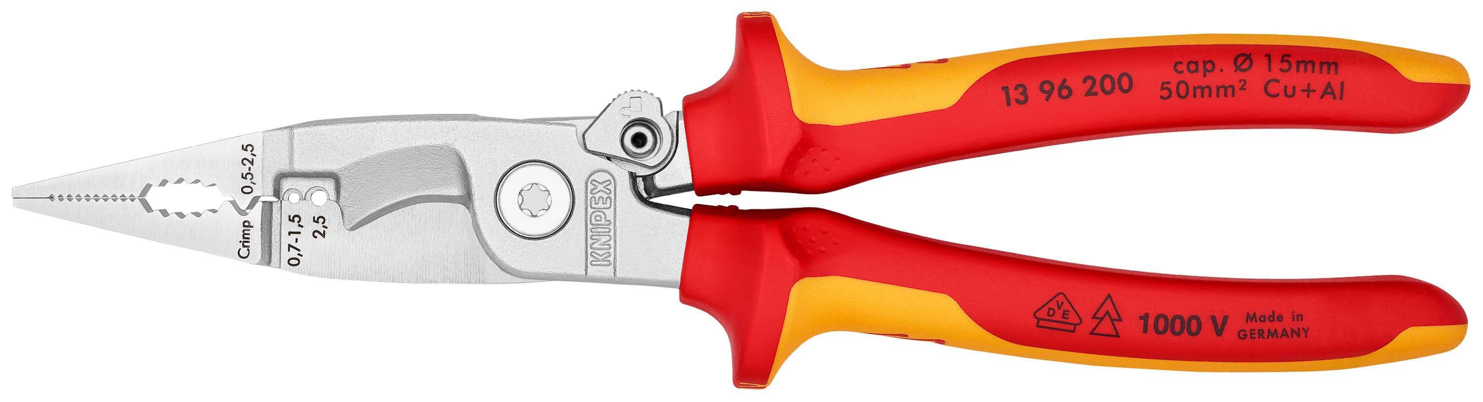 Knipex Elektro-Installationszange 13 96 200, 1-tlg., verchromt, isoliert mit Mehrkomponenten-Hüllen, VDE-geprüft 200 mm | Zangen