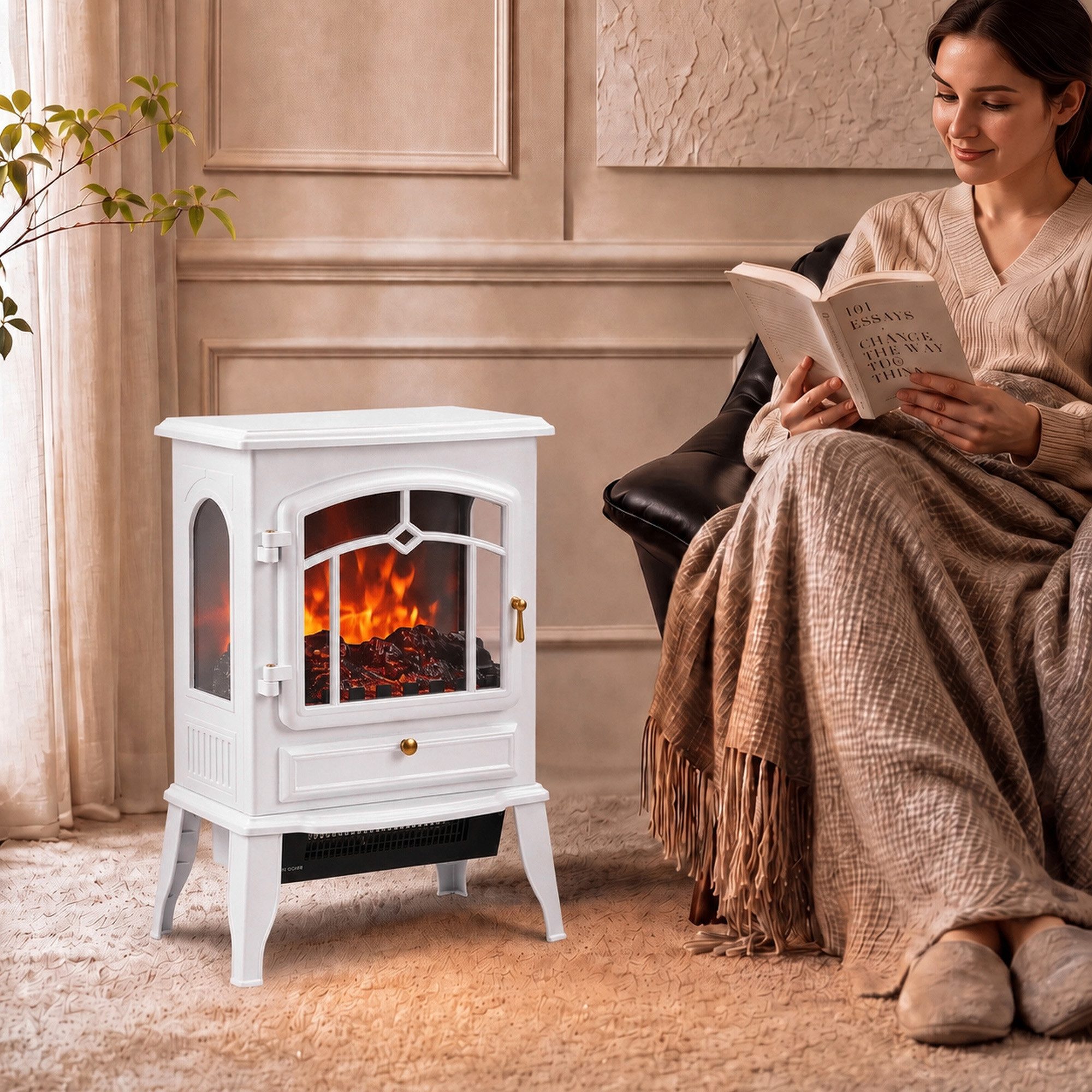 HOMCOM Elektrokamin Elektrokamin freistehend, 3D-Flammeneffekt, mit Überhitzungsschutz, 3-Seiten-Panorama, Thermostat, 2 Heizstufen