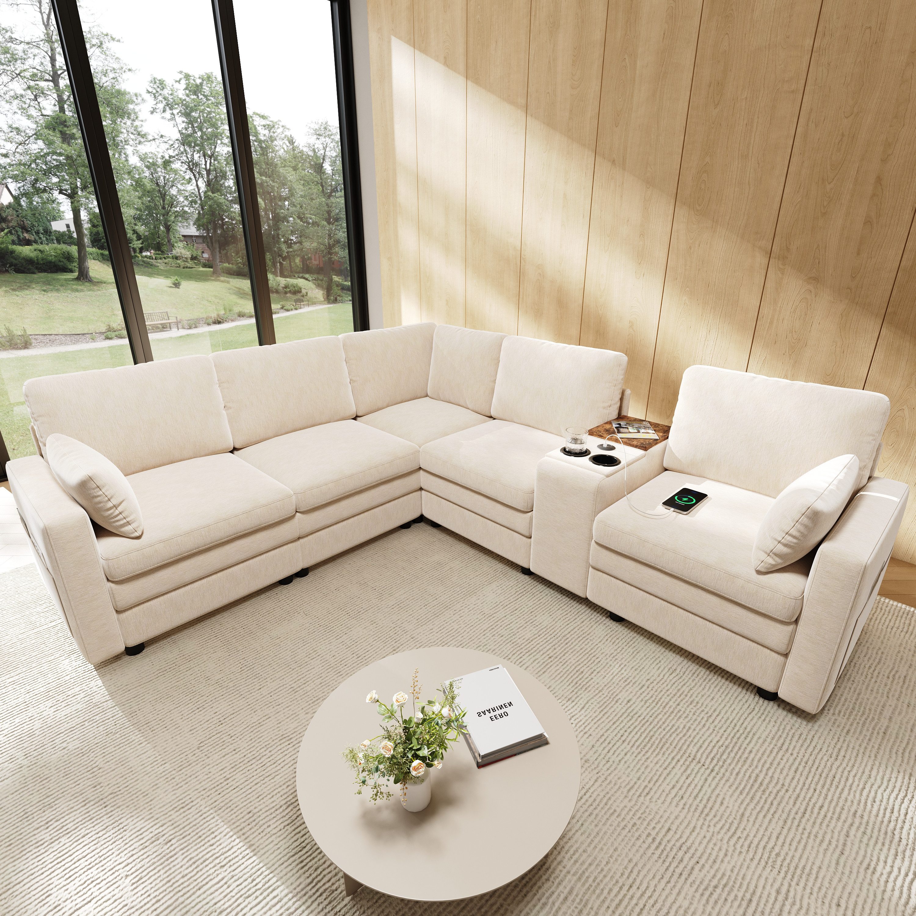 Odikalo Sofa Ecksofa Cloud Sofa mit USB und Getränkehaltern, L Form, mit Konsole, USB-Anschlüssen & Getränkehaltern, Wendbare Mittelkonsole mit Stauraum, Modulares L-Form Sofa für Wohn- und Schlafzimmer