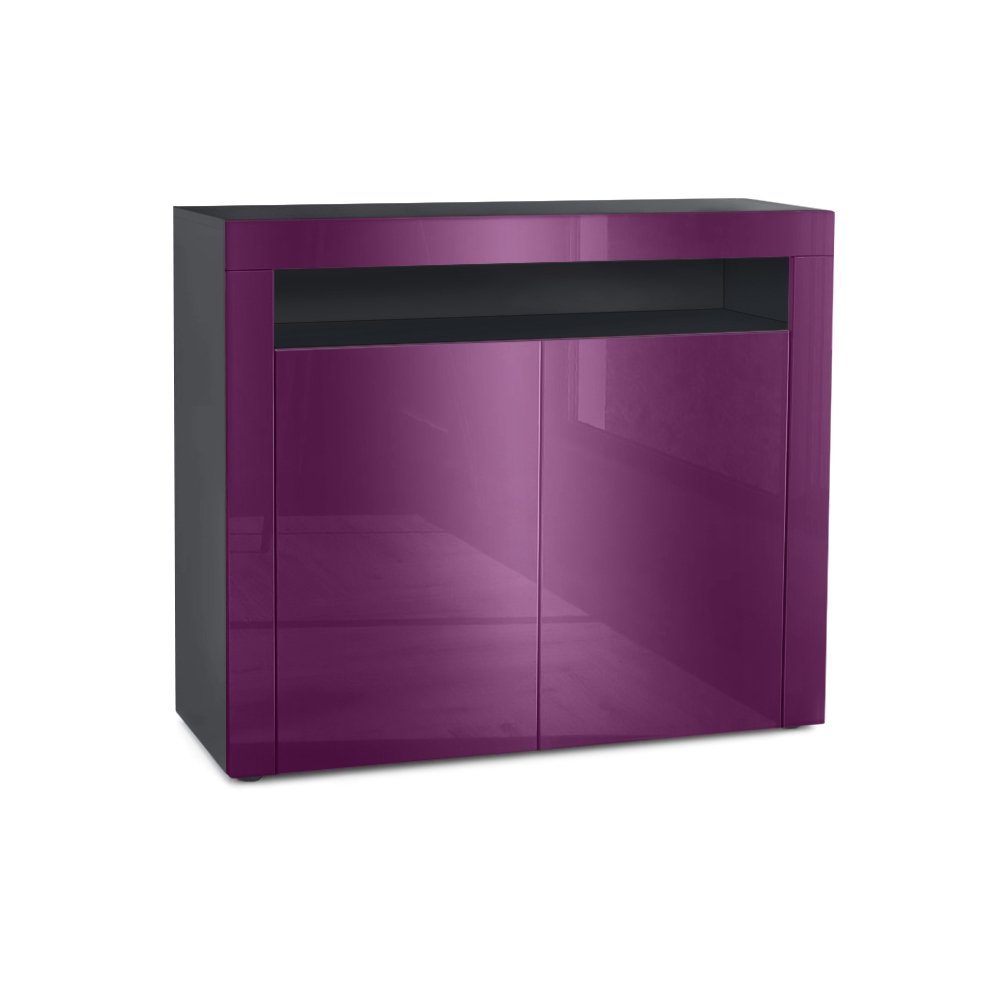 Vladon Kommode Valencia (Kommode, Sideboard mit 2 Türen und 1 offenem Fach), Schwarz matt/Brombeer Hochglanz/Brombeer Hochglanz (108 x 92 x 40 cm)