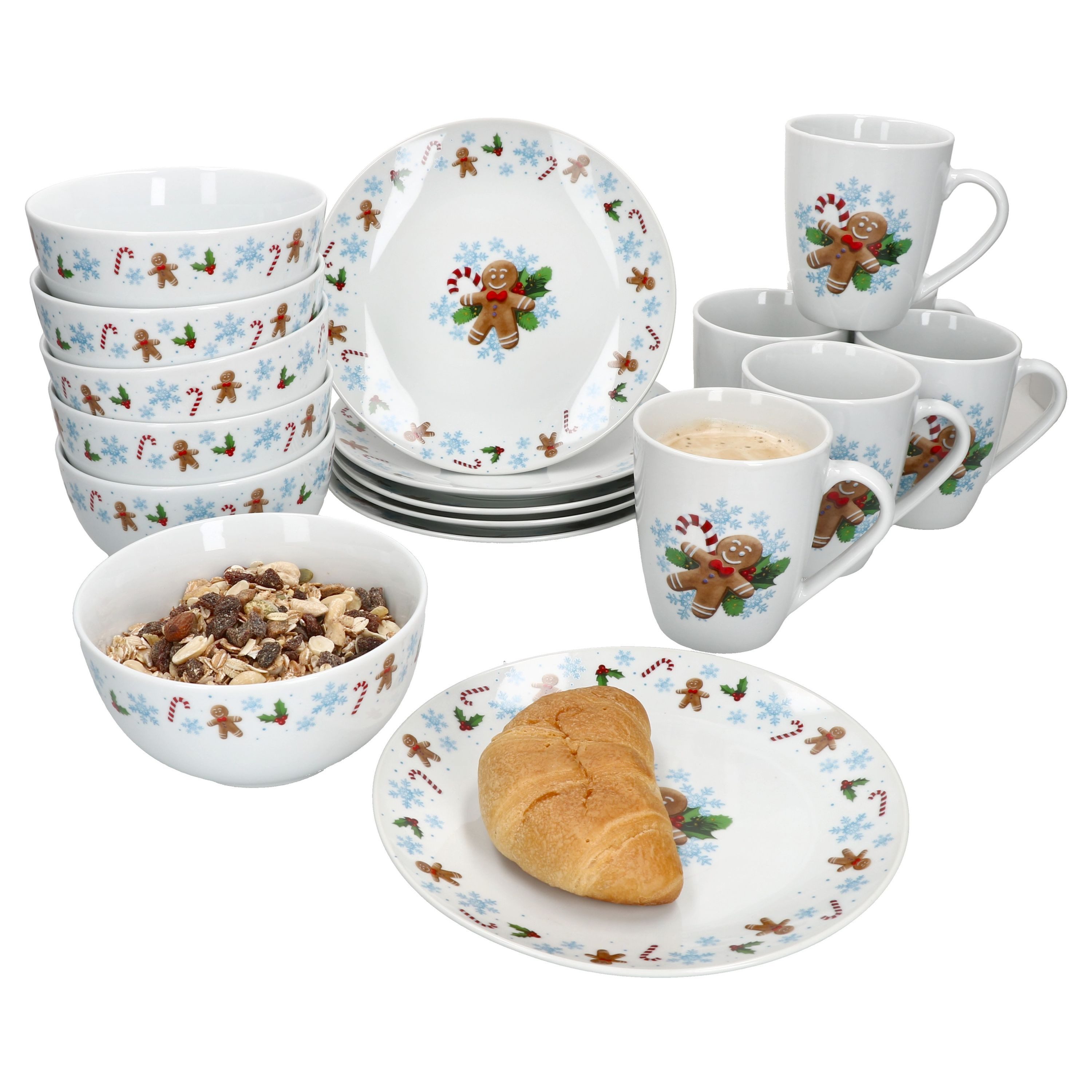 MamboCat Frühstücks-Geschirrset 18tlg. Frühstücksset Candyman 6 Personen Becher Teller Schalen, Porzellan, Weihnachtsgeschirr, Winter, Weihnachtsset, Geschirr, Advent