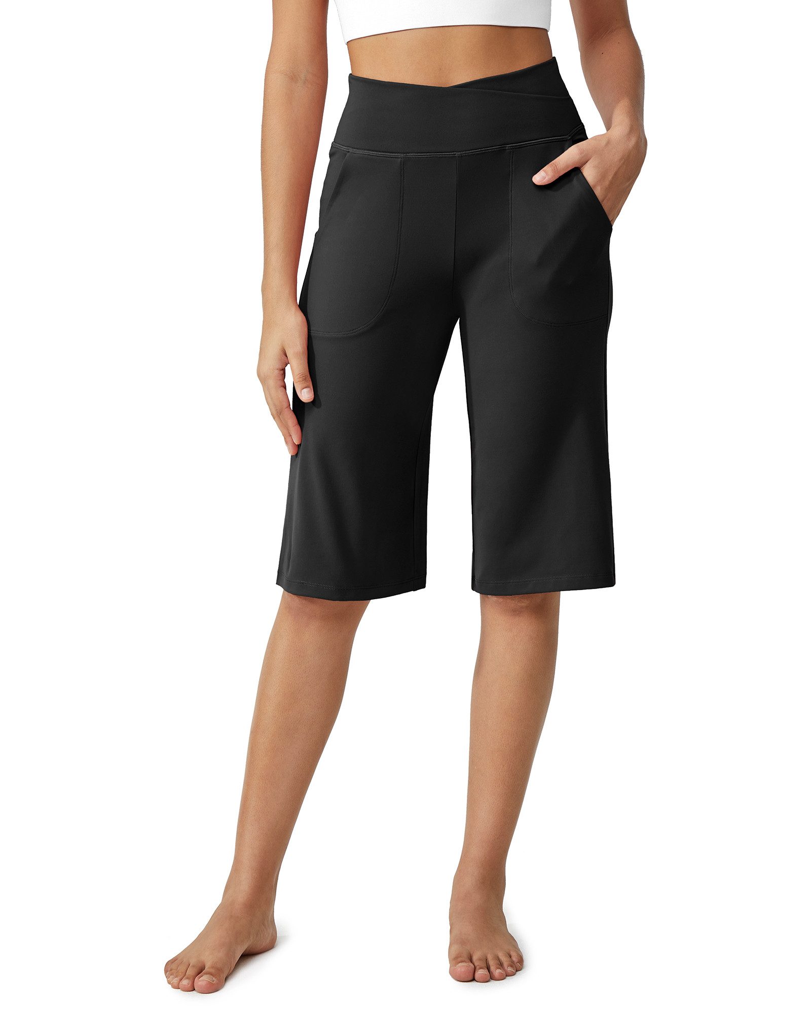 G4Free Caprihose Damen Caprihose Weites Bein Yoga Caprihose High Waist Shorts Weites Bein Yoga Fitness Activewear mit Tasche
