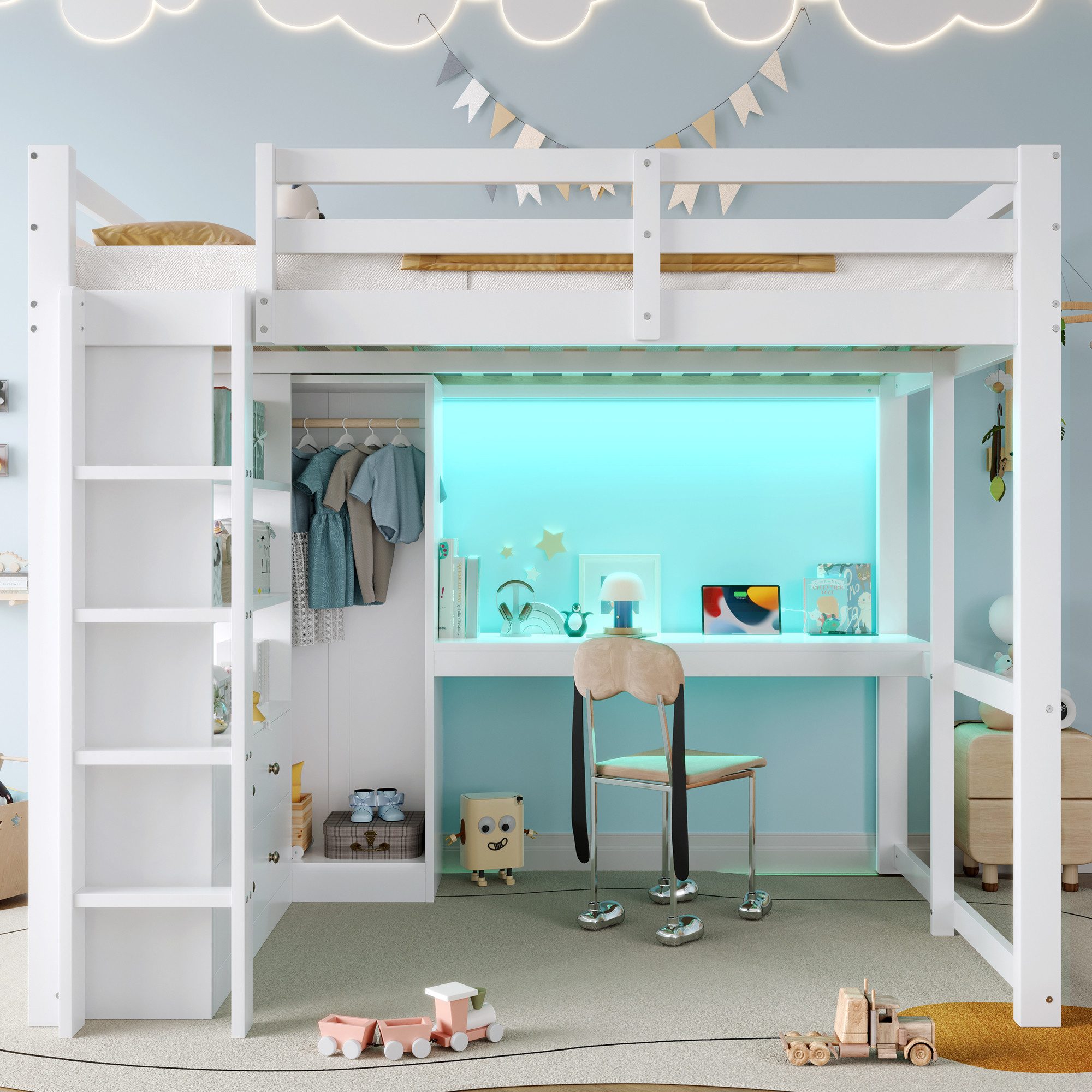 Flieks Hochbett Kinderbett 140x200cm mit 2 Schubladen, Schreibtisch, LED und Aufladen