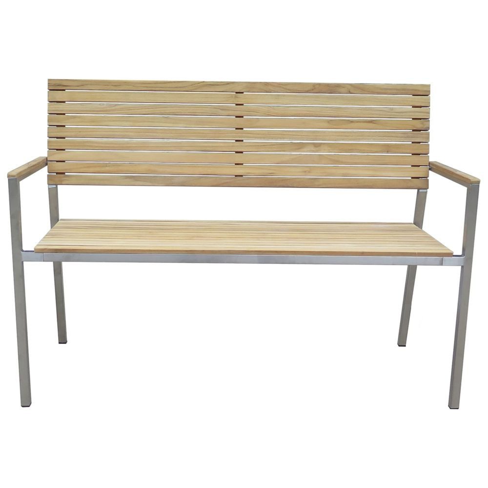 Lomadox Gartenbank HGA-120, Bank Garten Outdoor 2-Sitzer Teak Teakholz Edelstahl 125/86/55 cm