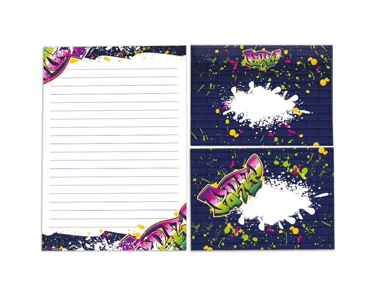 JUNAPACK Briefpapier Set Kinder Briefblock A5 mit Umschlägen Notizblock Papier Graffiti, Kinder-Briefpapier A5 mit 15 Umschlägen, liniert & leicht beschreibbar