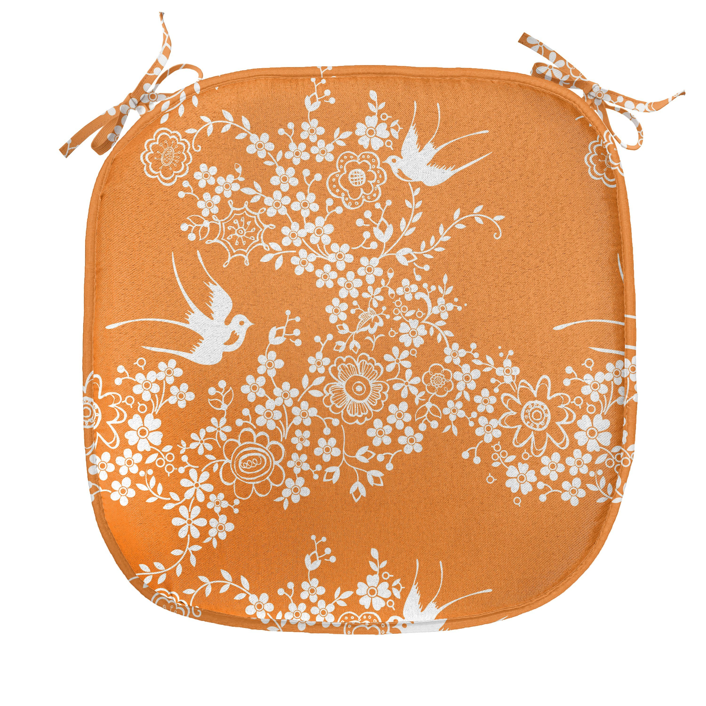 Abakuhaus Stuhlkissen Dekoratives wasserfestes Kissen mit Riemen für Küchensitze, Orange Japanische Baum-Vogel-Kunst