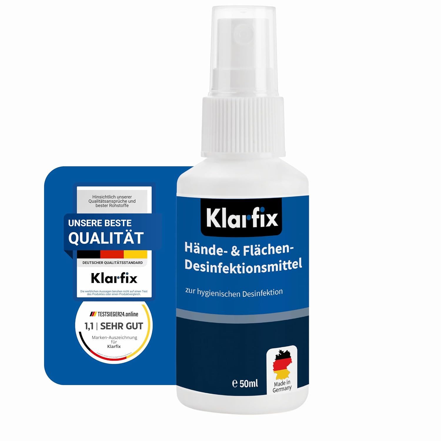 klarfix Hand-Desinfektionsmittel (1-St. 1× 50 ml Hände- & Flächendesinfektionsmittel mit Sprühkopf WHO-konforme Rezeptur)