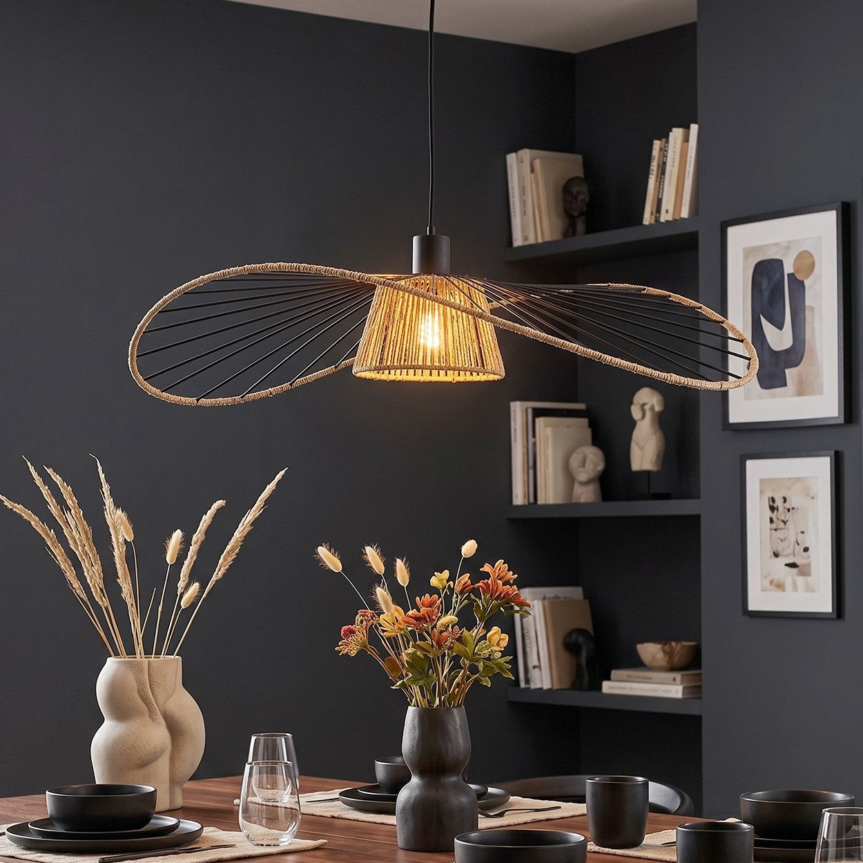 hofstein Hängeleuchte Hängelampe aus Metall/Papiergeflecht in Schwarz/Naturfarben, ohne Leuchtmittel, moderne Hängeleuchte im Boho-Design, Höhe max. 110 cm, 4 x E27