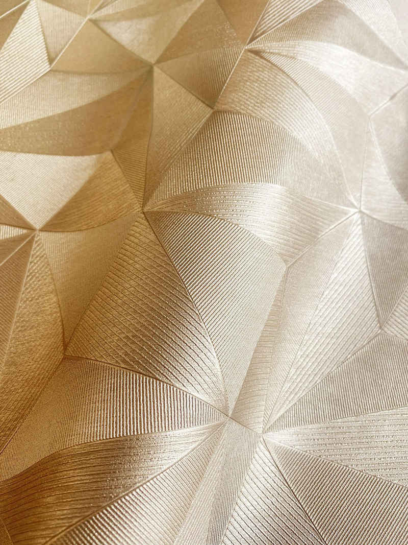 Newroom Vliestapete, Gold Tapete Glamour Glänzend - Metallic 3D-Optik Mattes Gold Grafisch Geometrisch Dreiecke Grafik für Wohnzimmer Schlafzimmer Küche