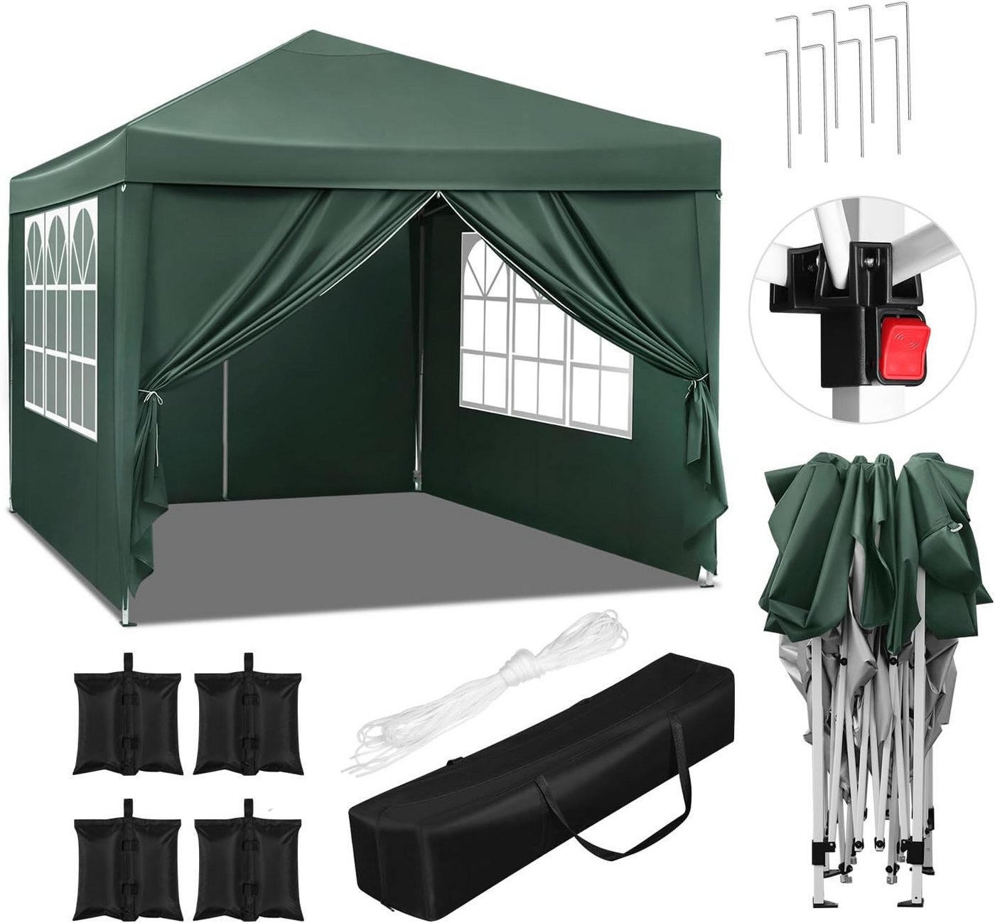 Woltu Pavillon, mit 4 Seitenteilen, Faltpavillon 3x3m, mit 4 Seitenteilen und 4 Sandsäcke