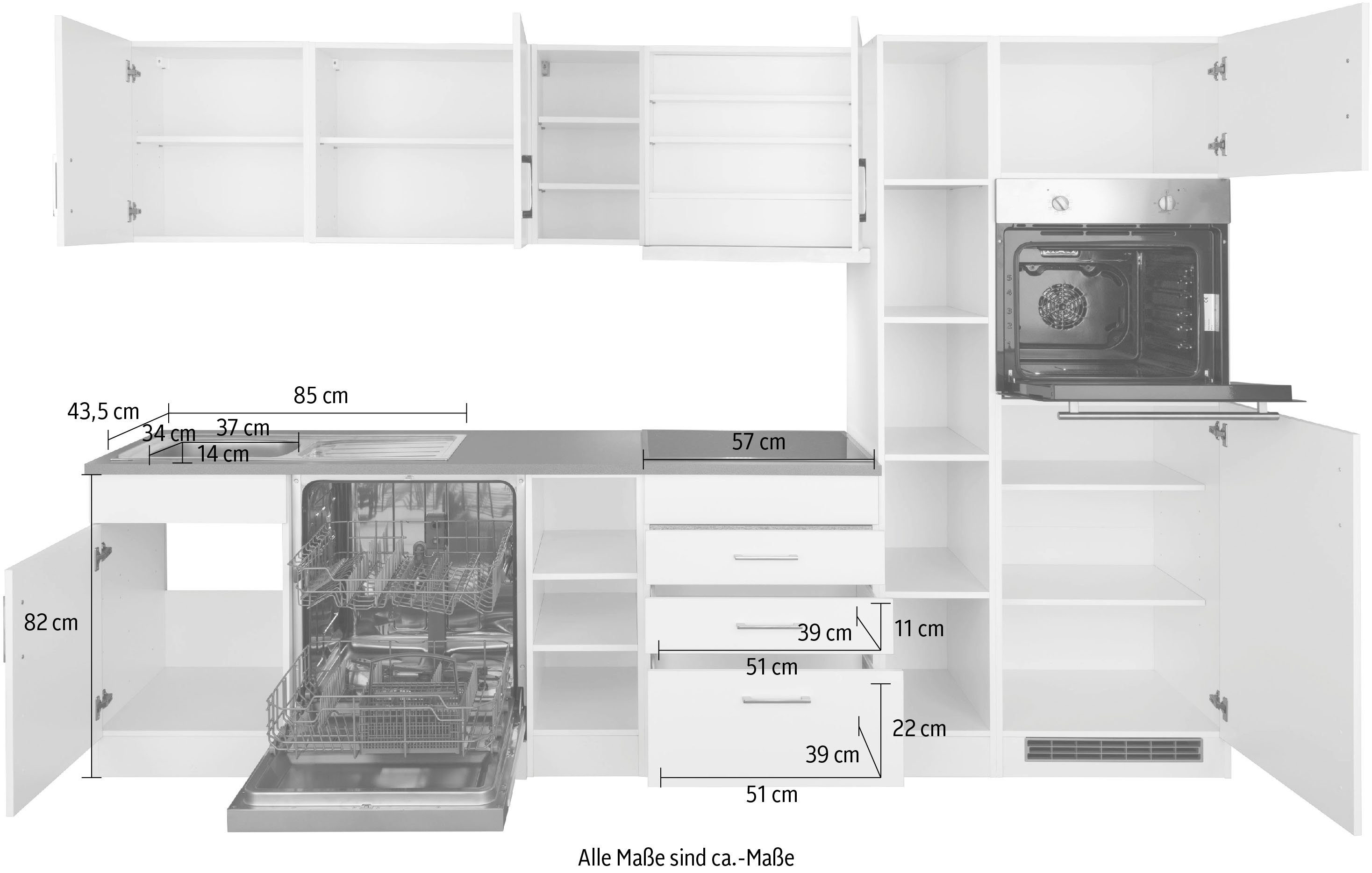 290 mit E-Geräten, weiß/grafit HELD Küchenzeile Induktionskochfeld Paris, | mit wahlweise Breite cm, MÖBEL grafit