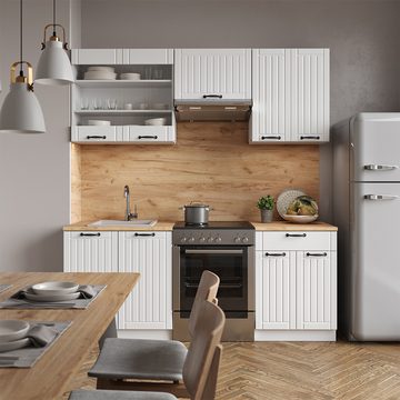 Livinity® Küchenzeile Fame-Line, Weiß Landhaus/Weiß, 200 cm, AP Marmor