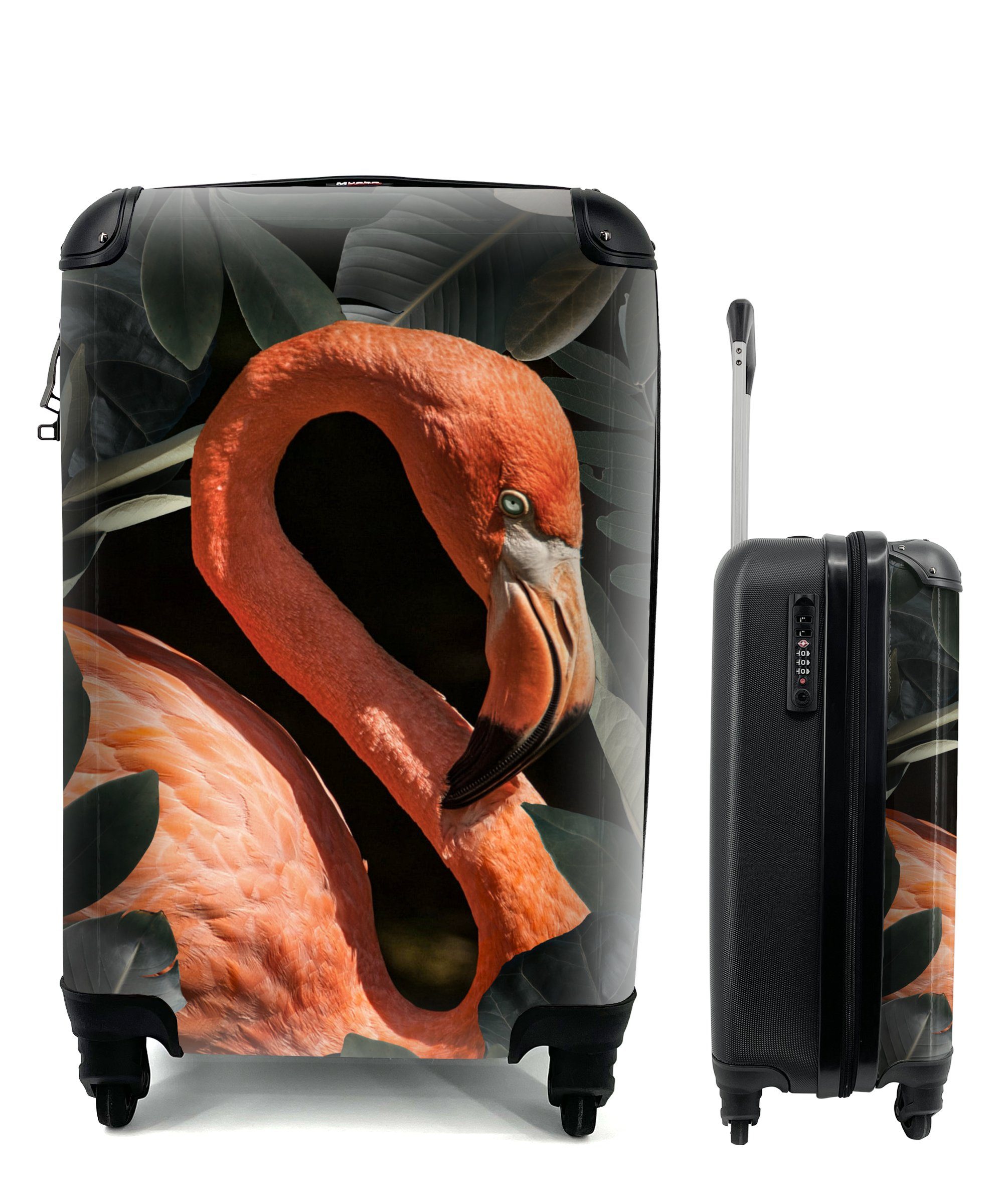 MuchoWow Handgepäckkoffer Flamingo - Porträt - Blätter, 4 Rollen, Reisetasche mit rollen, Handgepäck für Ferien, Trolley, Reisekoffer