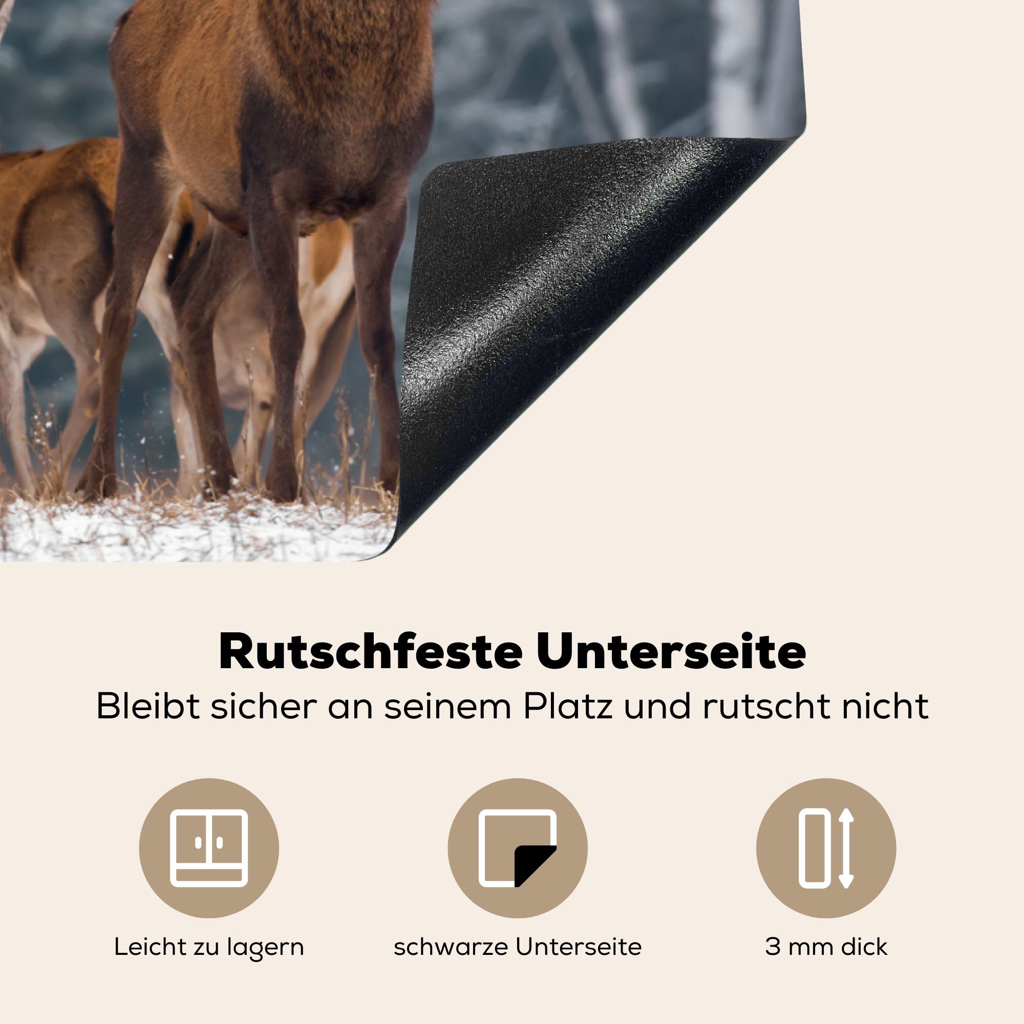 MuchoWow Herdblende-/Abdeckplatte Hirsche - Winter Waldtiere 81x52 Natur, - - Induktionskochfeld die Schutz (1 küche, Ceranfeldabdeckung - Schnee Vinyl, - cm, für tlg), Wald