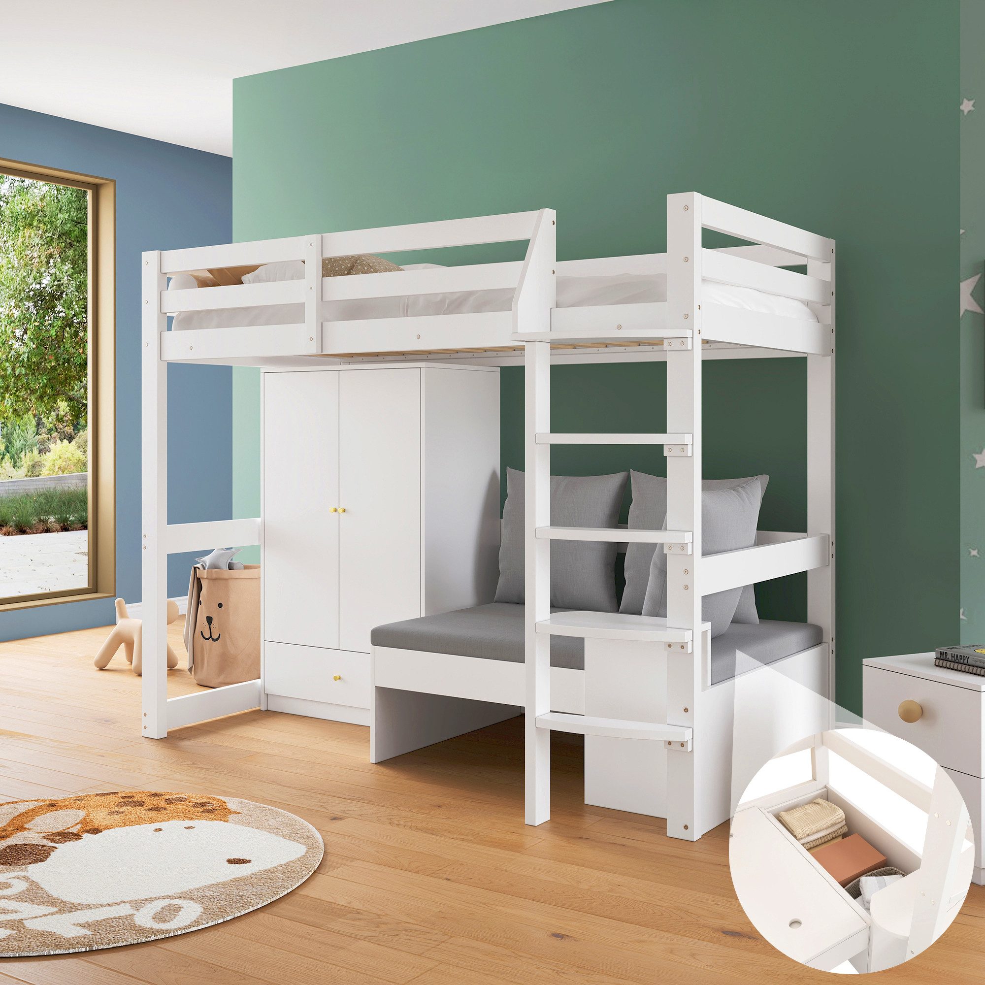 Flieks Hochbett Kinderbett 90x200cm mit Kleiderschrank, günstig online kaufen