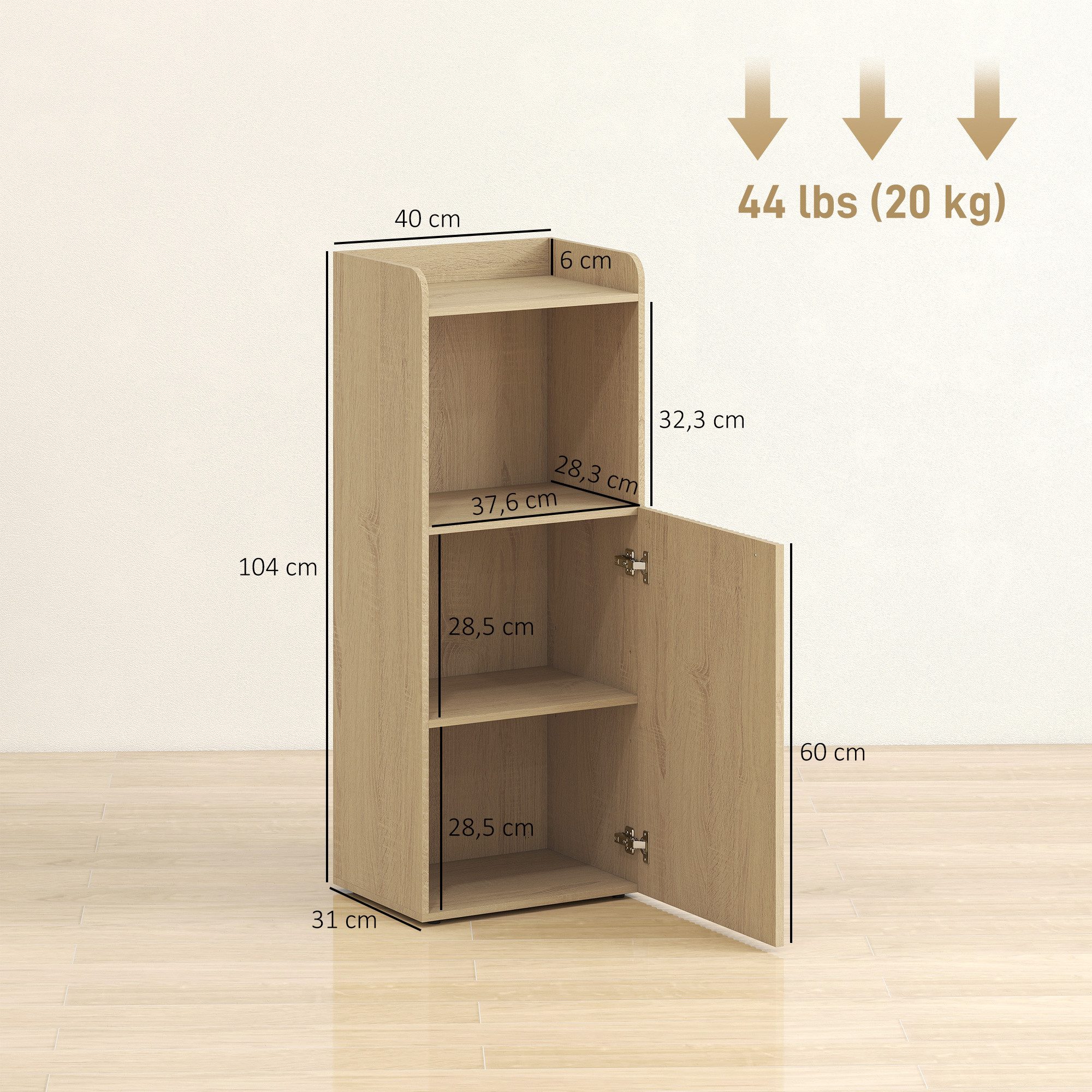 HOMCOM Badkommode Badezimmerschrank Nischenschrank mit Schrank, offen Regal (Badschrank, 1 St., Aufbewahrungsschrank), für Badezimmer, Wohnzimmer, Eiche – Bild 3 von 5