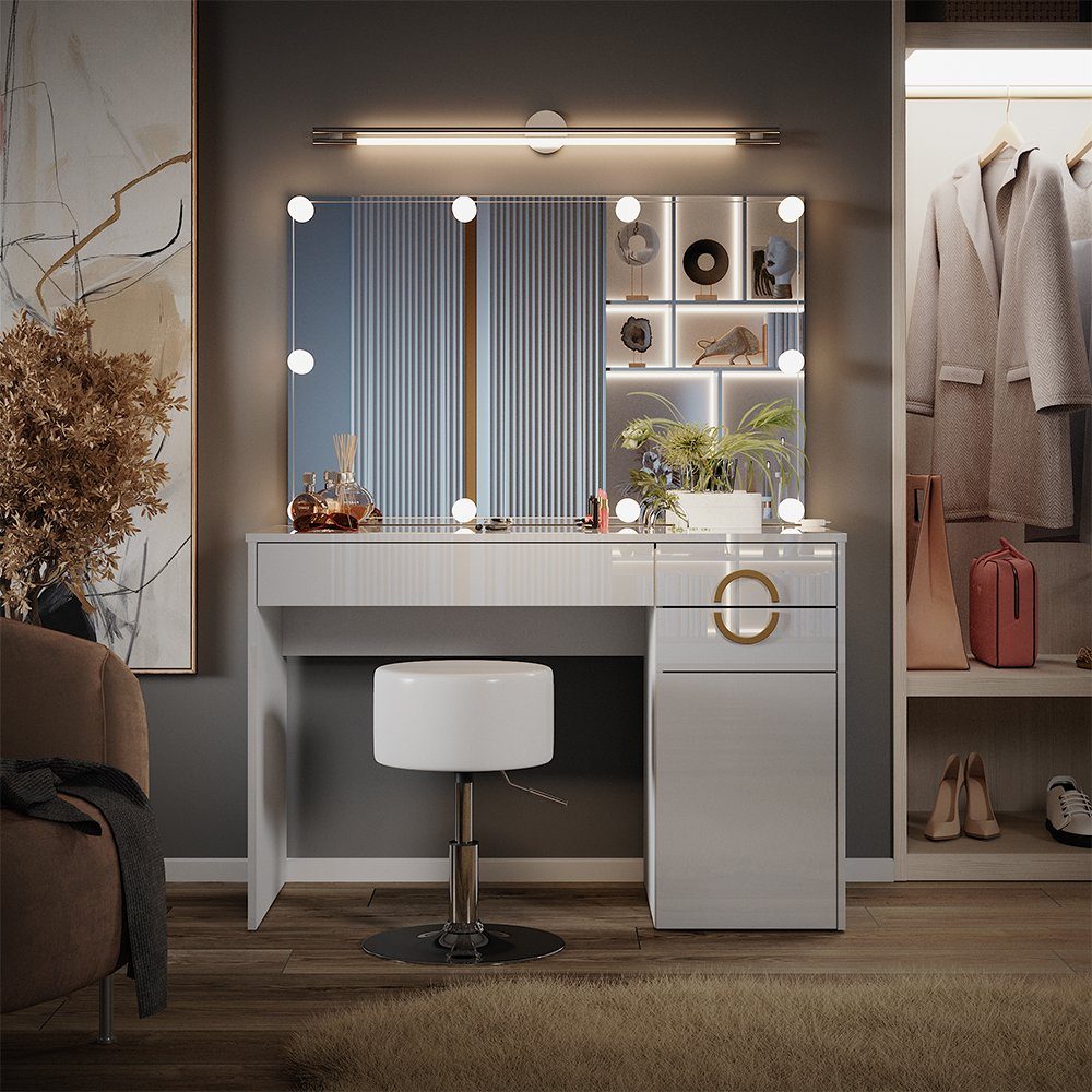 Vicco Schminktisch Adela, Weiß Hochglanz, 115 cm mit LED Beleuchtung und Ho günstig online kaufen