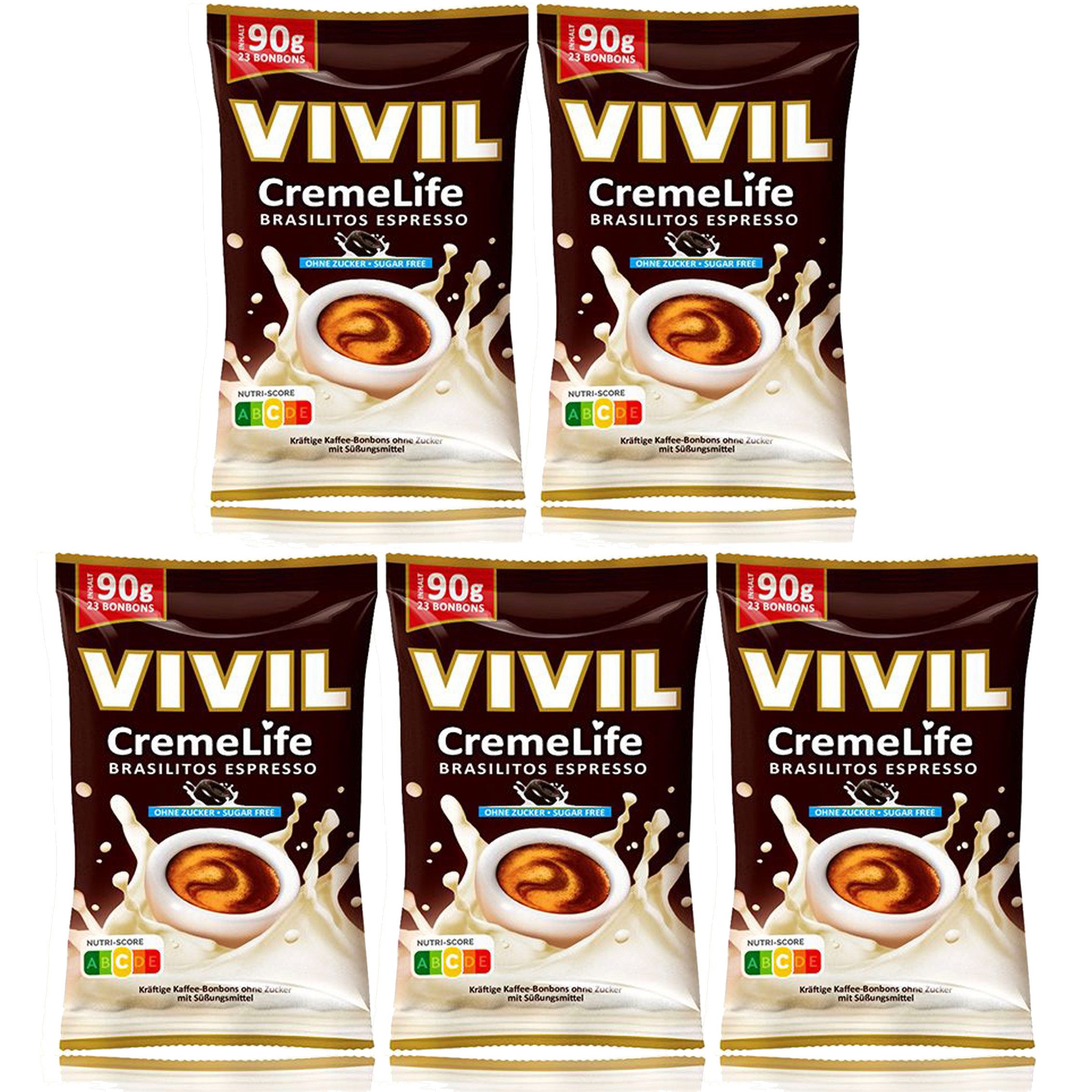 VIVIL Süßigkeit, Vivil Creme Life Brasilitos Espresso Bonbons zuckerfrei 90g 5er Pack
