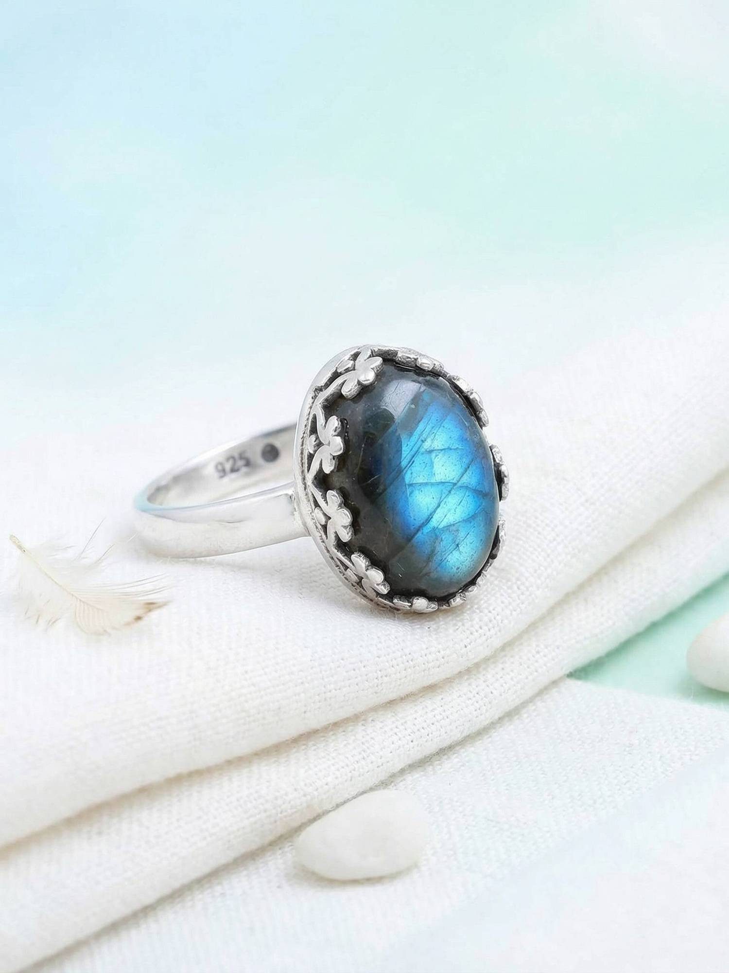 mantraroma Silberring NAPULO aus 925 Silber mit Labradorit (Ring mit Schmuckbeutel), Damenring aus 925er Silber