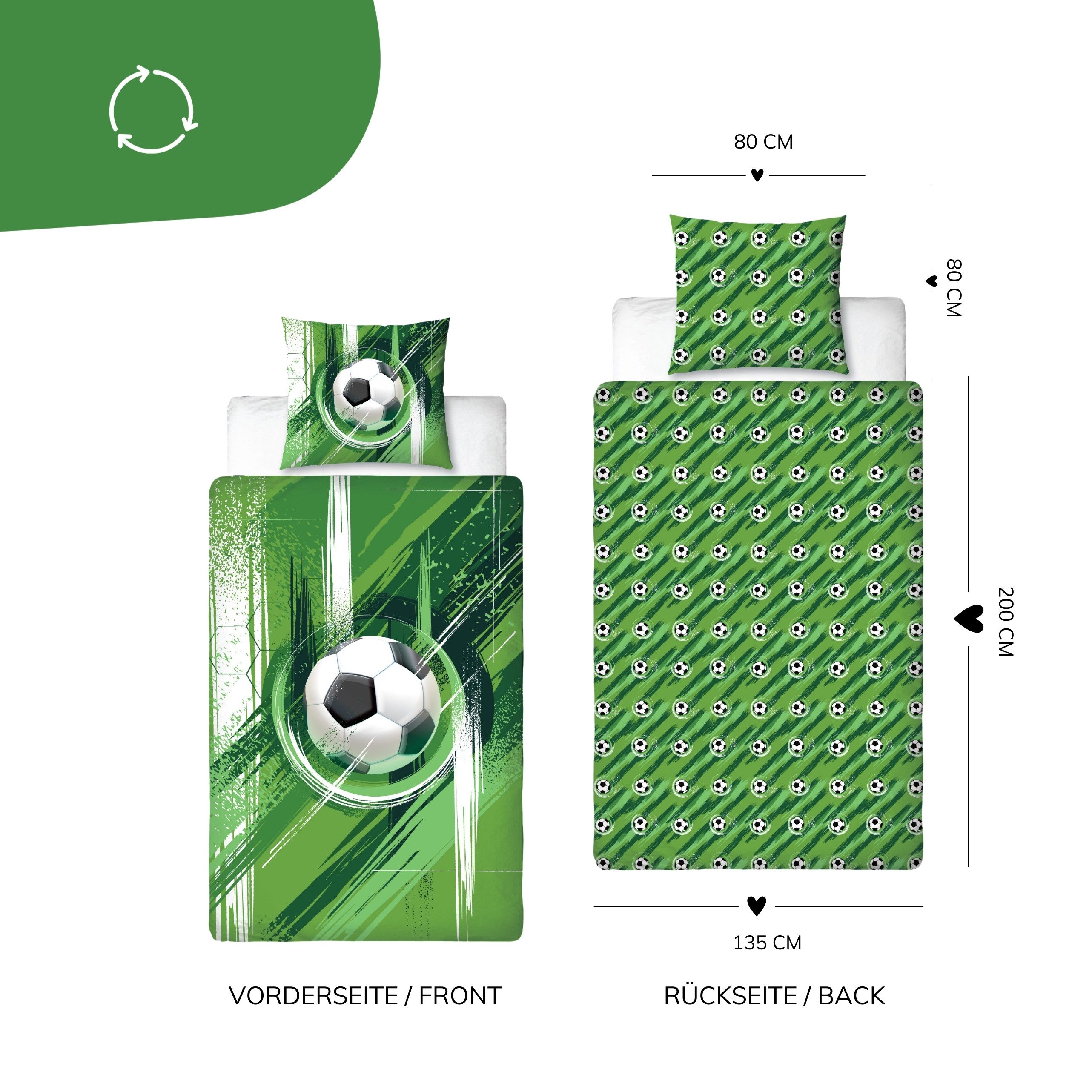 MTOnlinehandel Bettwäsche Fußball in 135x200 + 80x80 cm • Geschenkidee für Kinder, Mikrofaser, 2 teilig, Wende-Motiv • Fußball