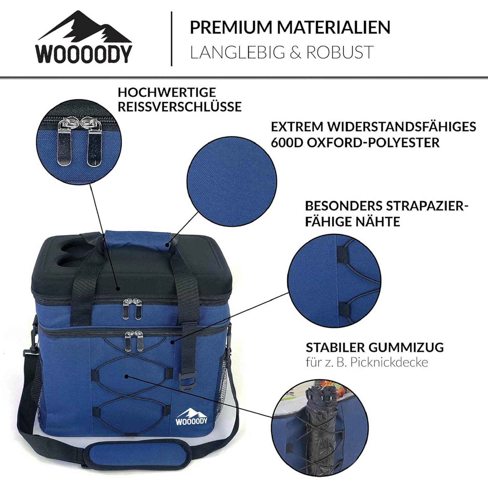 WOOOODY Picknicktasche Thermotasche Kühltasche Isoliertasche Campingtasche, 25L (33,5 x 22 x 33 cm) inkl. Schultergurt & Picknicktisch