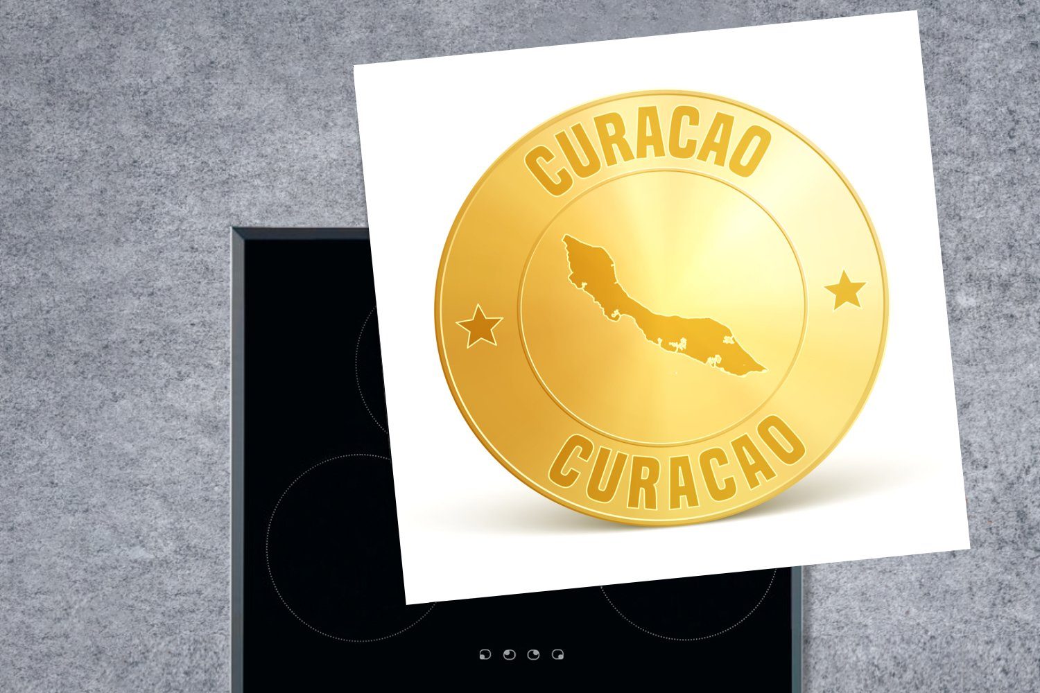MuchoWow Herdblende-/Abdeckplatte Goldmünze 78x78 tlg), einer Ceranfeldabdeckung, Illustration Vinyl, Curaçao, für cm, küche Arbeitsplatte aus (1