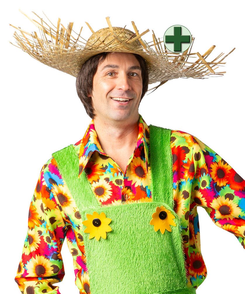 Karneval-Klamotten Kostüm Gärtner Herren Gras-Latzhose mit Sonnenblumen Hut, Gärtnerhose Herrenkostüm Männerkostüm in Grasoptik mit Gärtnerhut