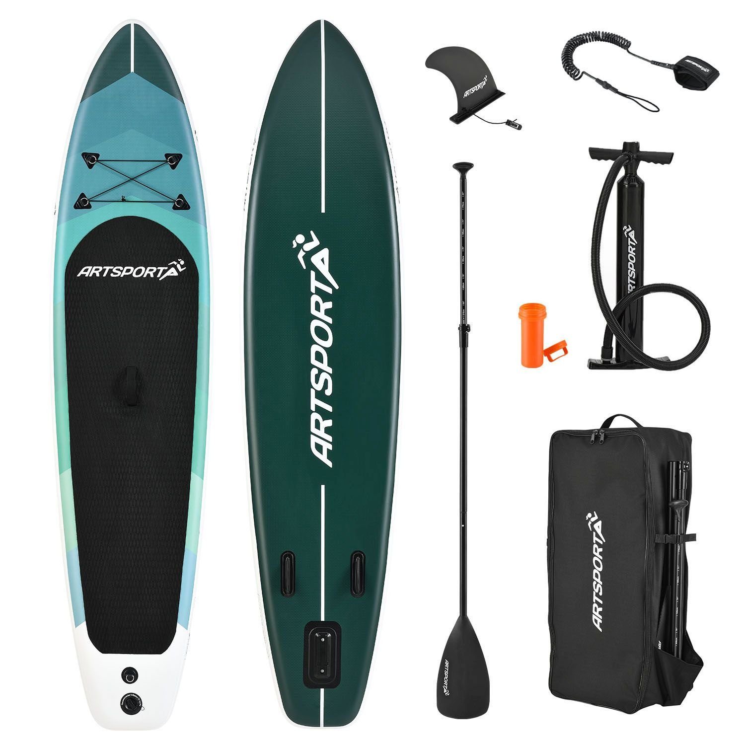 ArtSport Inflatable SUP-Board Blue Wave, Stand Up Paddling Board, ideal für Anfänger, bis 150 kg, inkl. Tragetasche und Zubehör