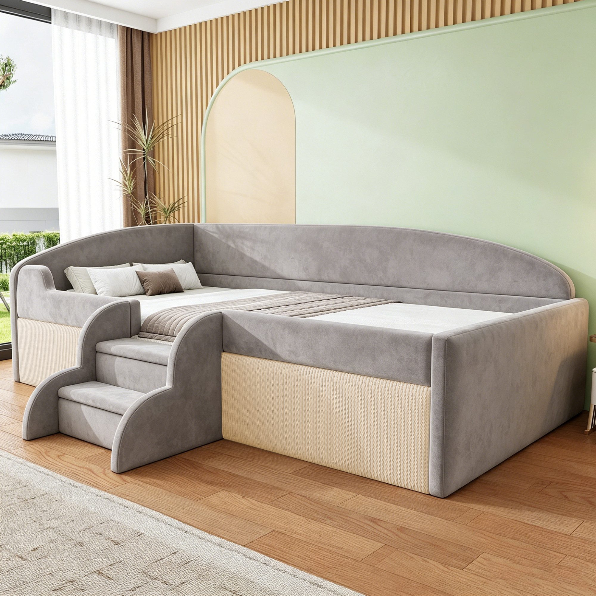 Merax Daybett (Einzelbett Jugendbett Tagesbett Schlafsofa Sofabett, 1 tlg), Polsterbett 90x190cm mit Stufen & Schutzgeländer, Kinderbett,Samtstoff